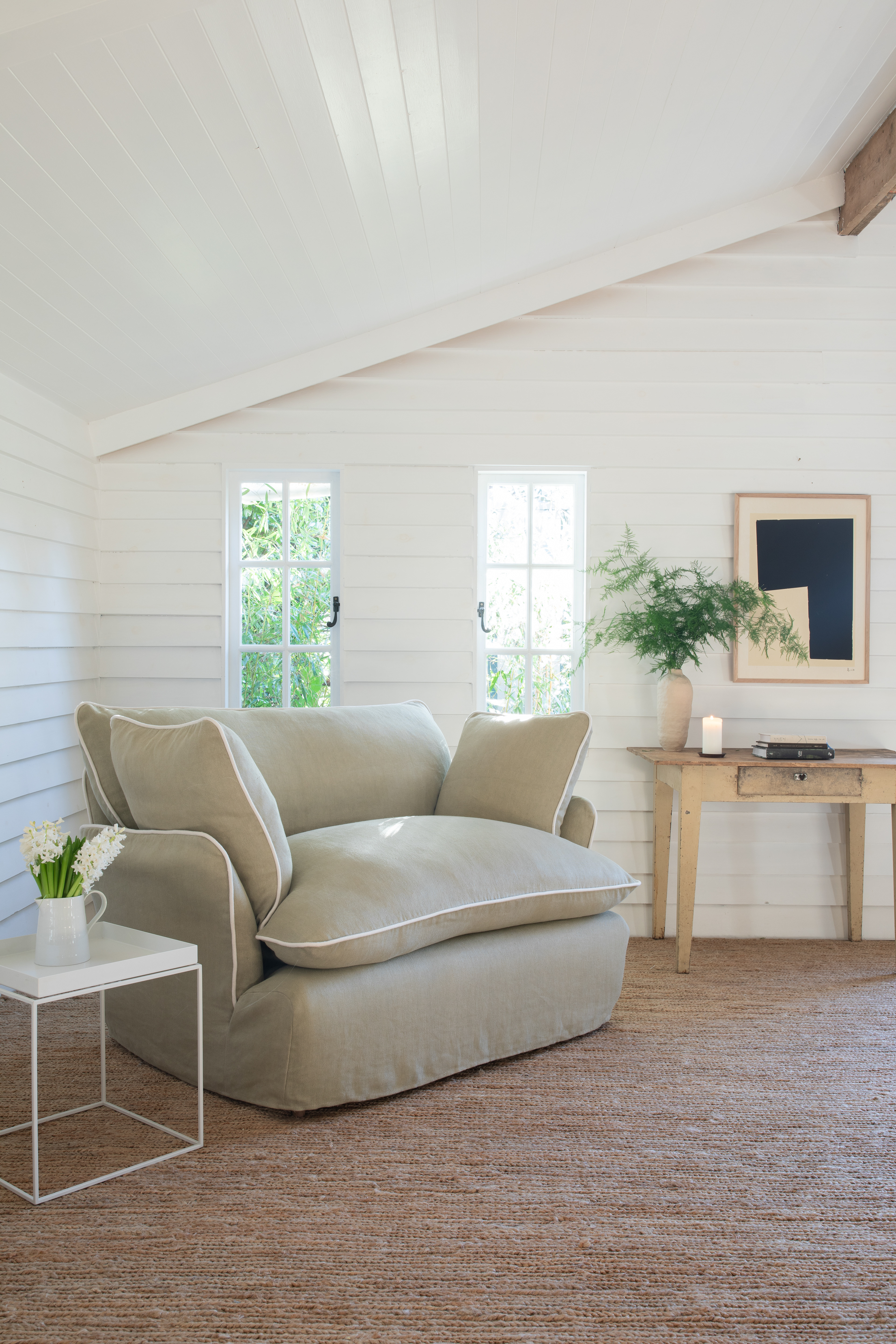 Jasper/Moonstone 100% Linen - Marnie Contrast Piped Love Seat