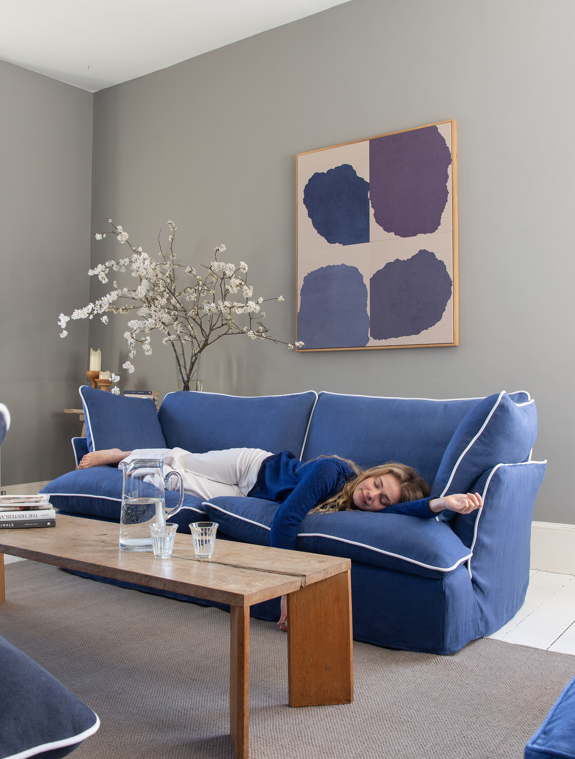 Sapphire/Selenite 100% Linen - Marnie Contrast Piped Sofa