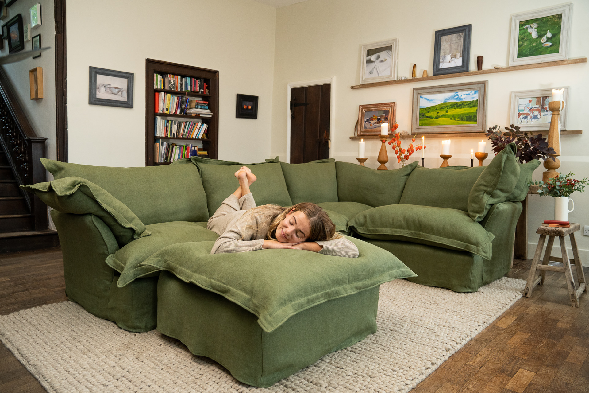 Malachite 100% Linen - Song Pillow Edge 3x2 Corner Sofa & Footstool