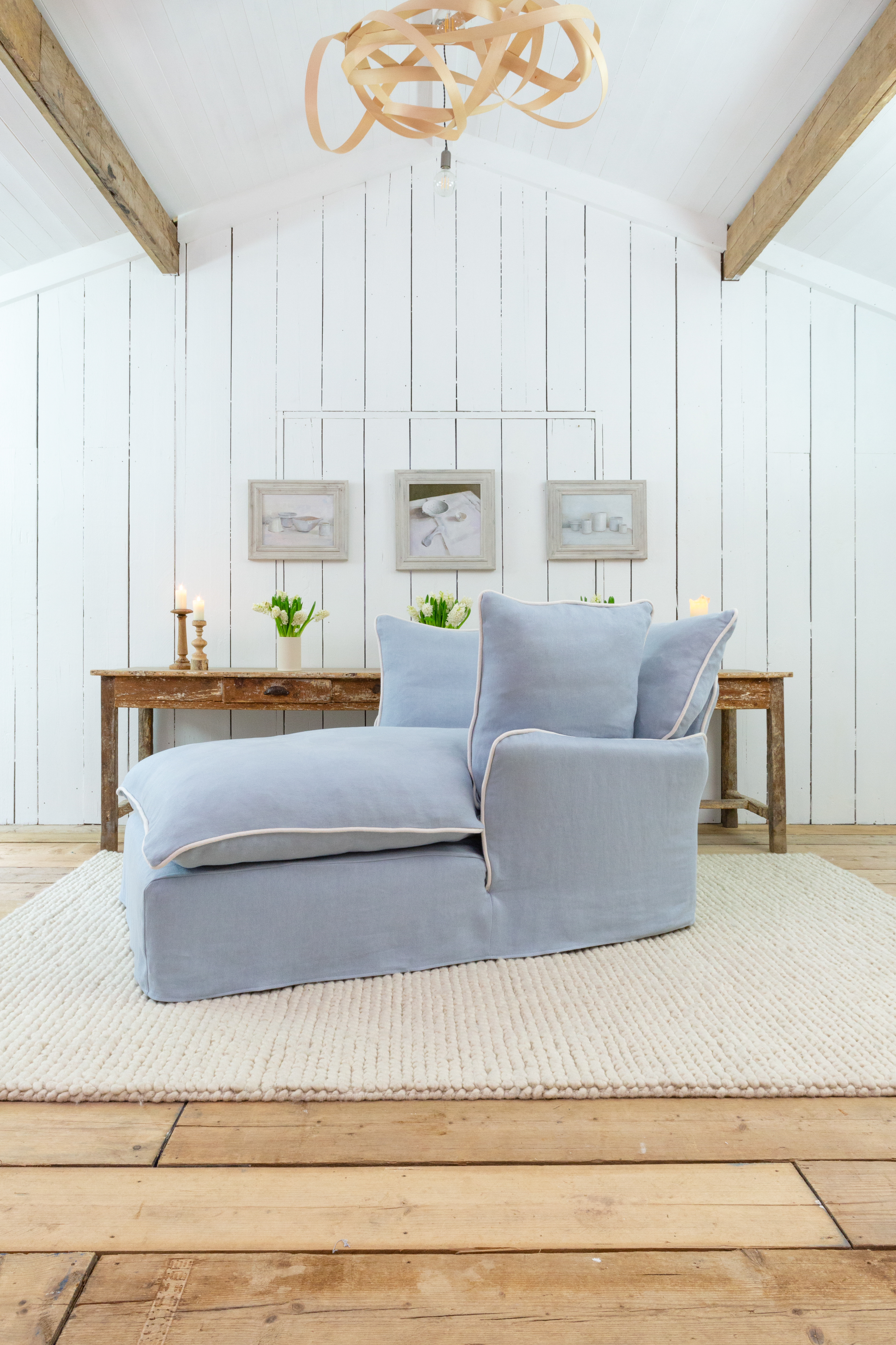 Aquamarine/Moonstone 100% Linen - Marnie Contrast Piped Armchair Chaise (Coming to US and Aus in 2022)