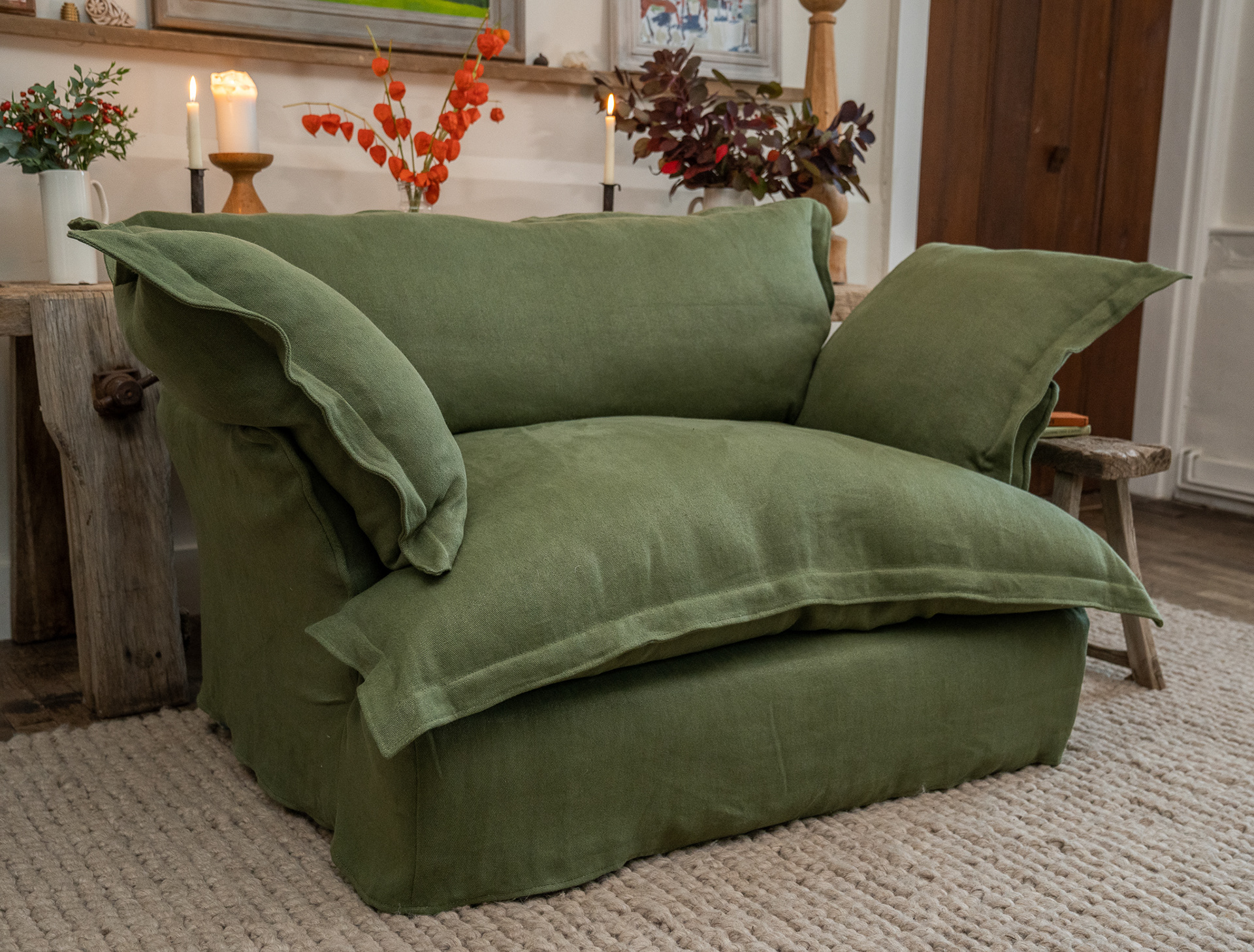 Malachite 100% Linen - Song Pillow Edge Love Seat