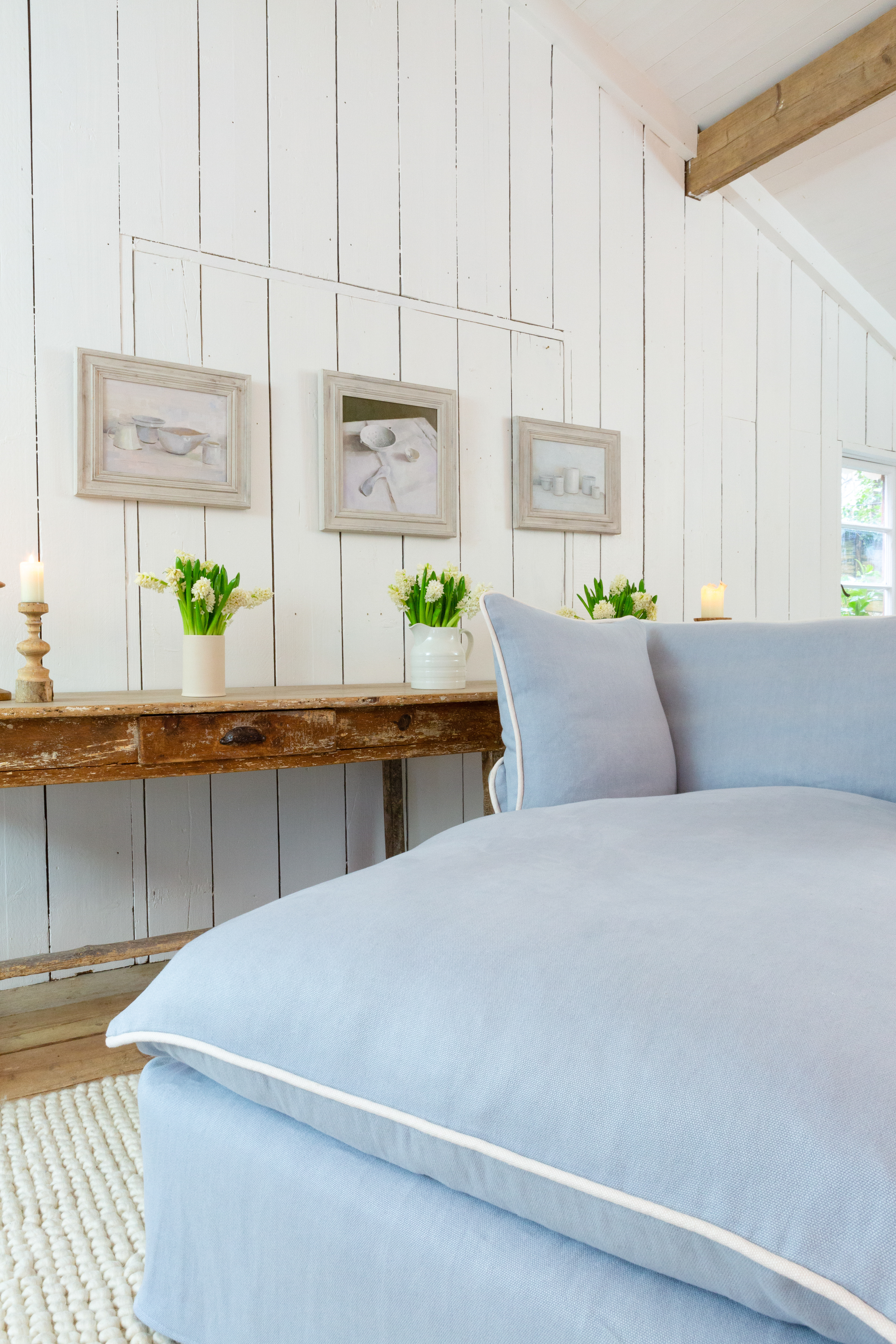 Aquamarine/Moonstone 100% Linen - Marnie Contrast Piped Armchair Chaise (Coming to US and Aus in 2022)