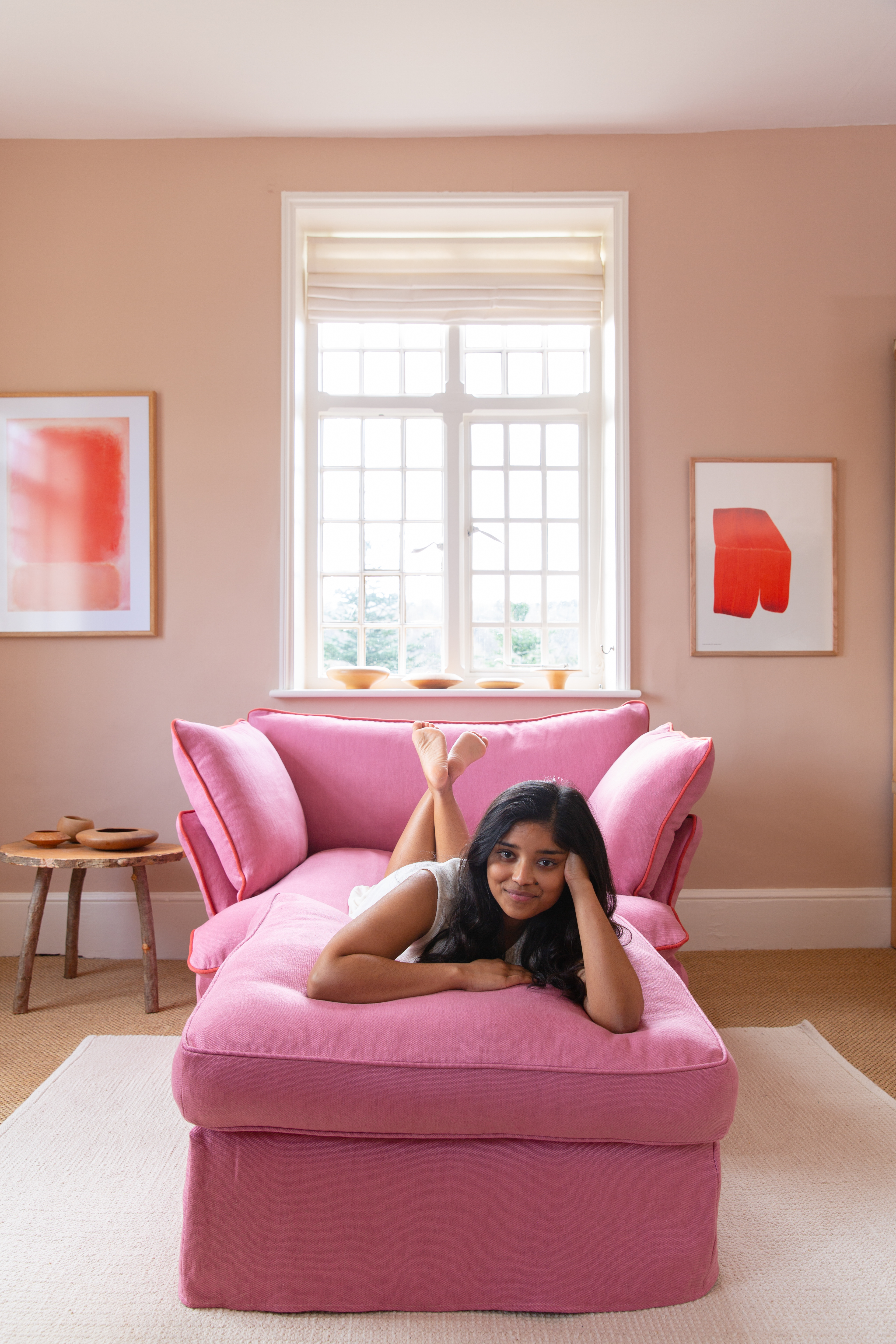 Rose Quartz/Garnet 100% Linen - Marnie Contrast Piped Love Seat & Otter Box Edge Footstool