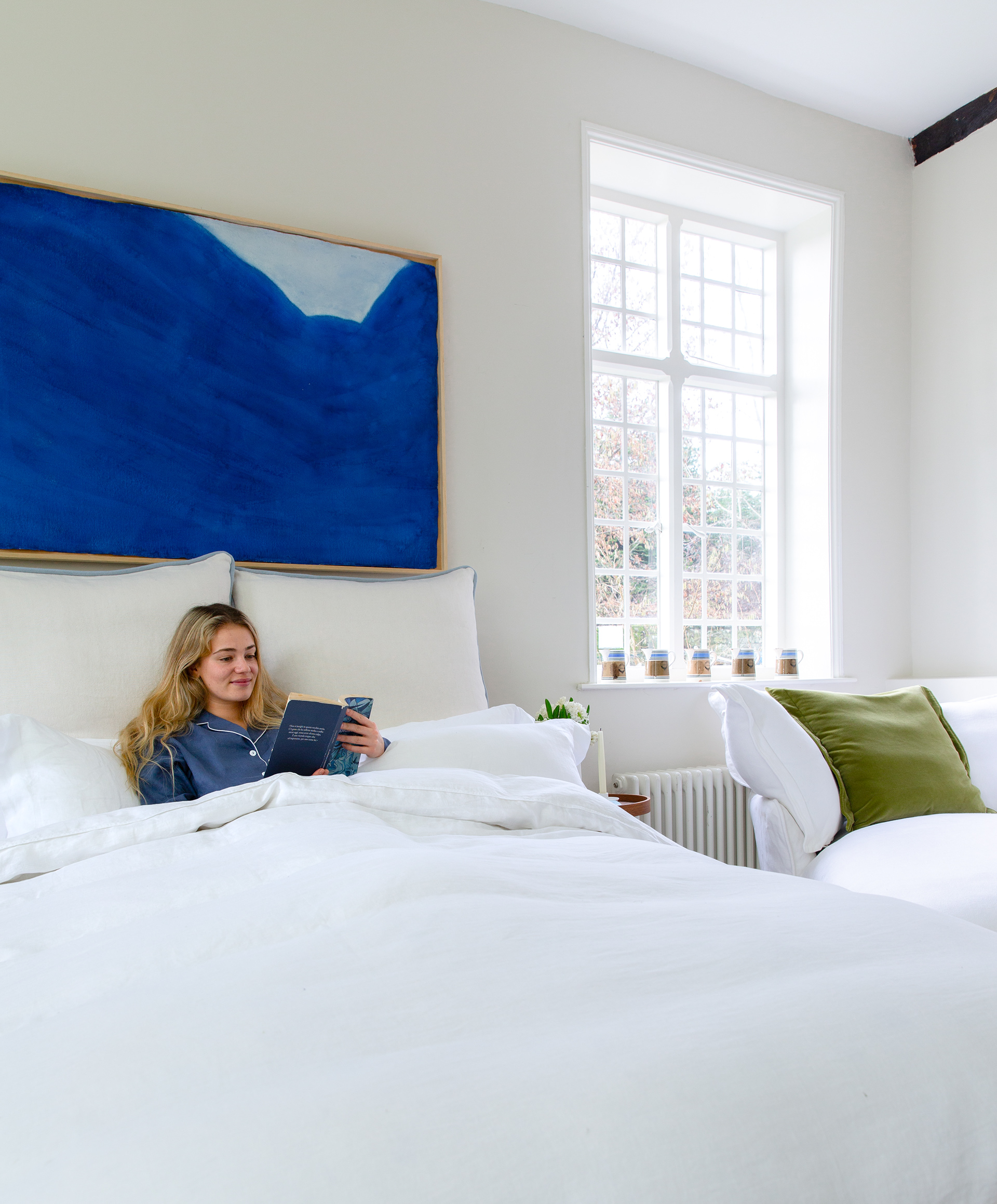 Moonstone/Aquamarine 100% Linen - Marnie Piped Contrast Double Bed