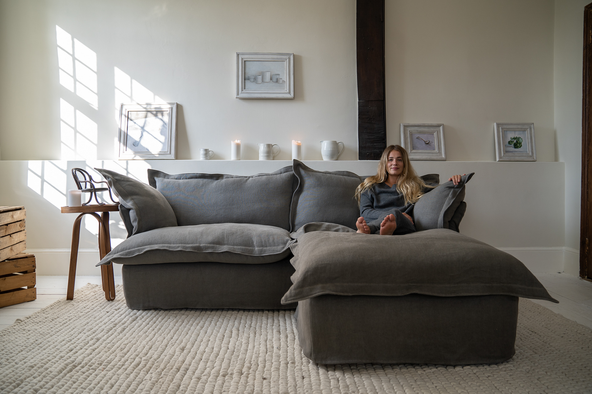 Morion 100% Linen - Song Pillow Edge Sofa & Footstool