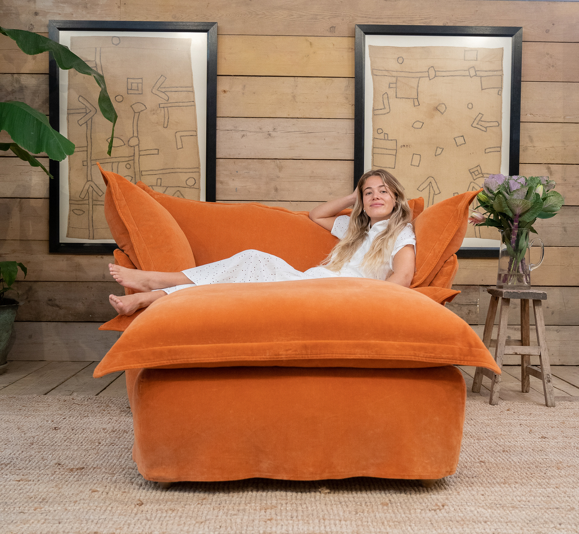 Burnt Orange Corduroy - Song Pillow Edge Love Seat & Footstool