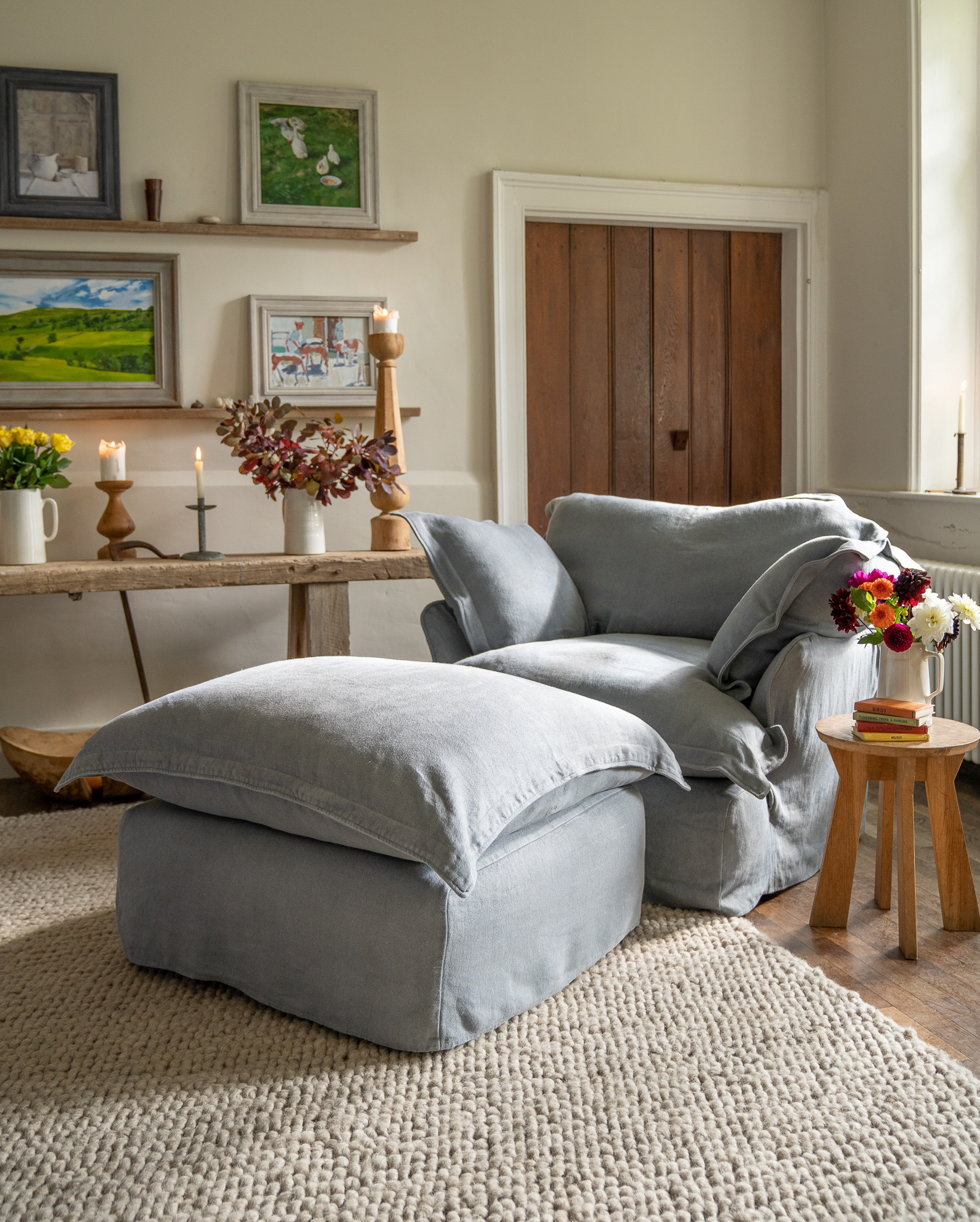Granite 100% Linen - Song Pillow Edge Armchair & Footstool