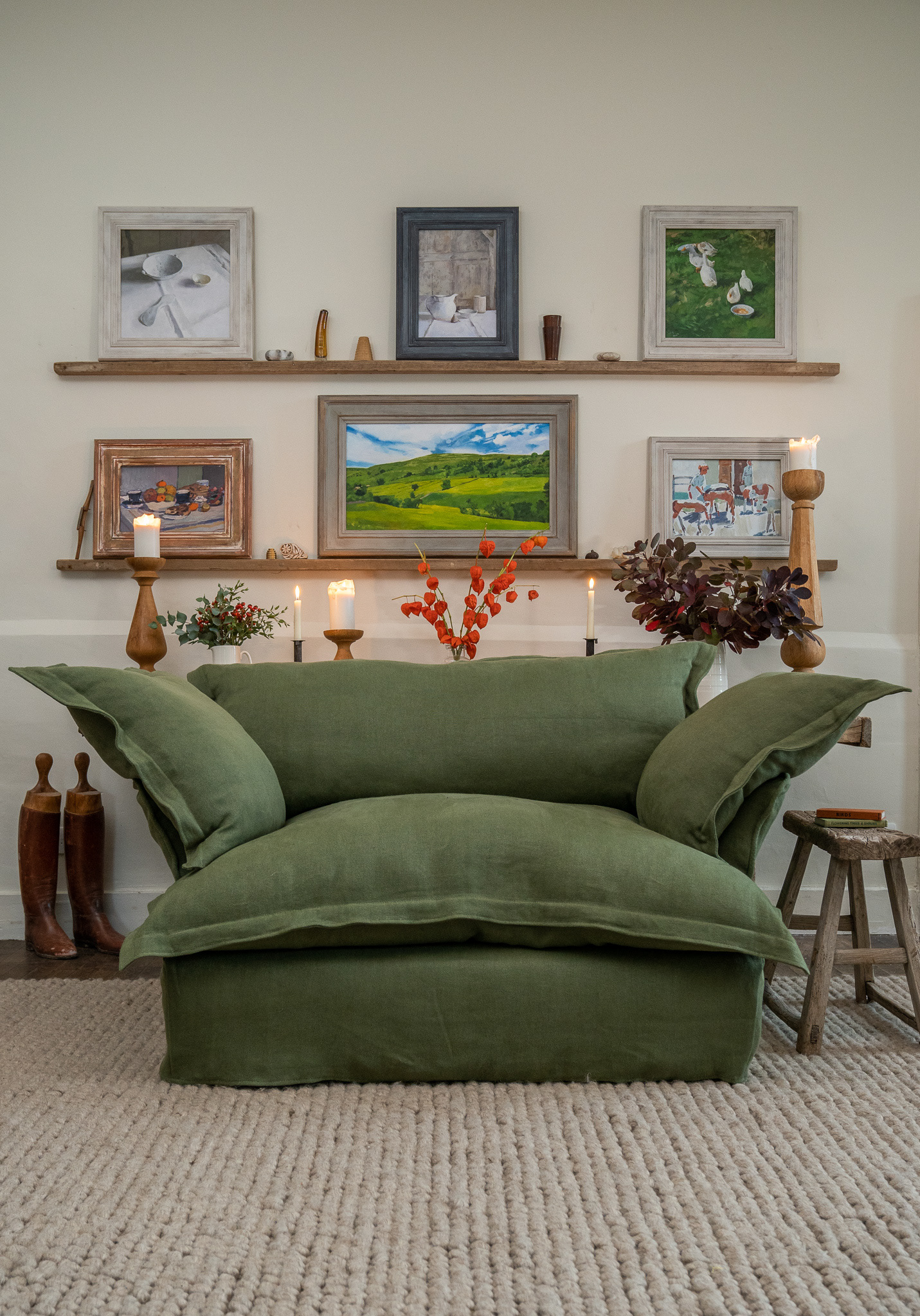 Malachite 100% Linen - Song Pillow Edge Love Seat
