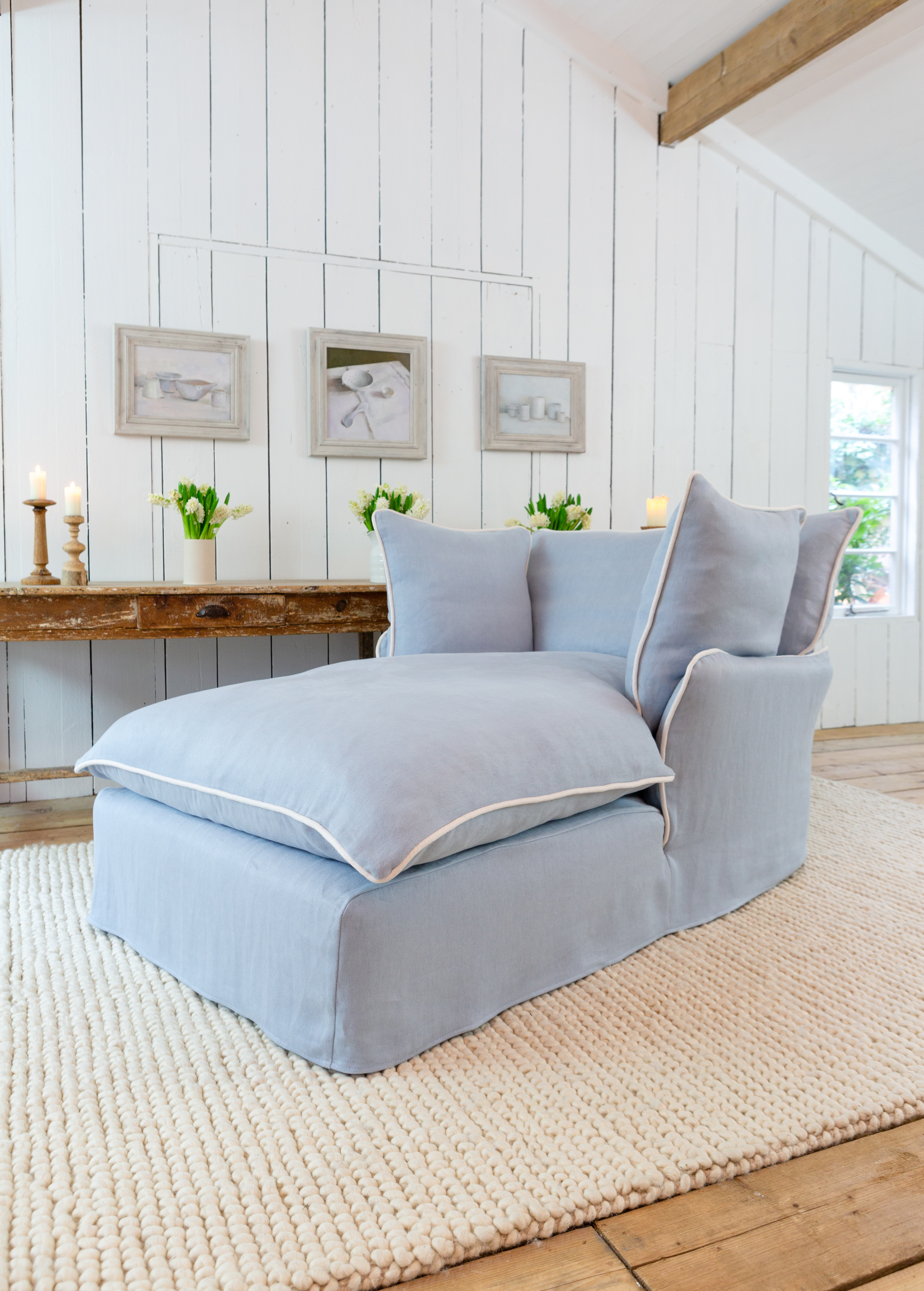 Aquamarine/Moonstone 100% Linen - Marnie Contrast Piped Armchair Chaise