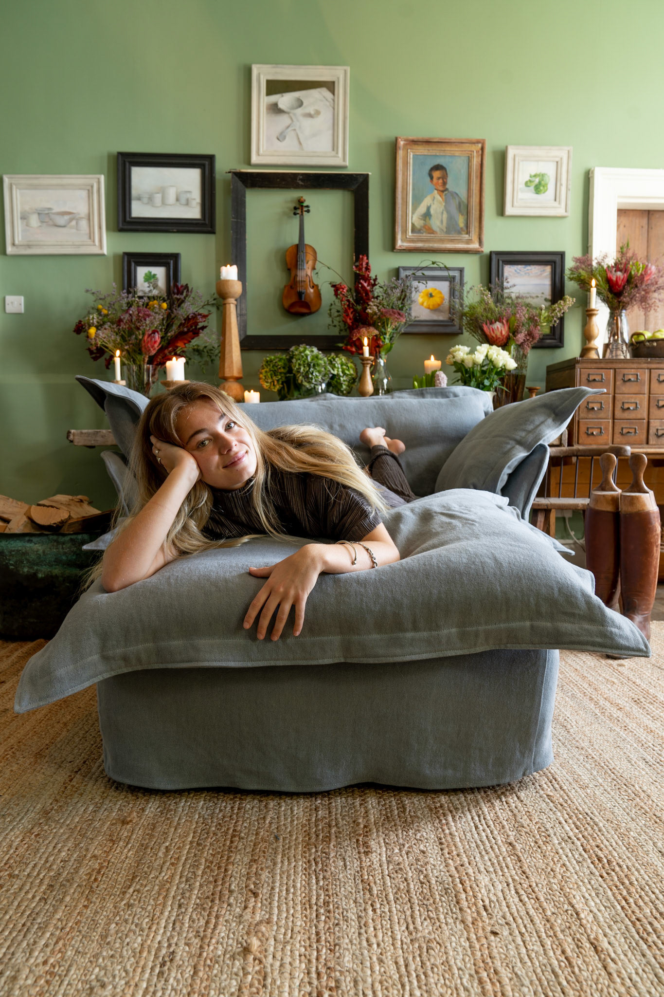 Granite 100% Linen - Song Pillow Edge Armchair & Footstool