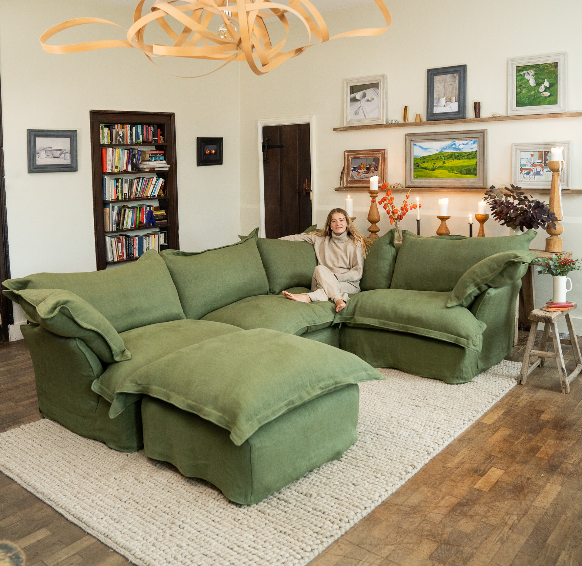 Malachite 100% Linen - Song Pillow Edge 3x2 Corner Sofa