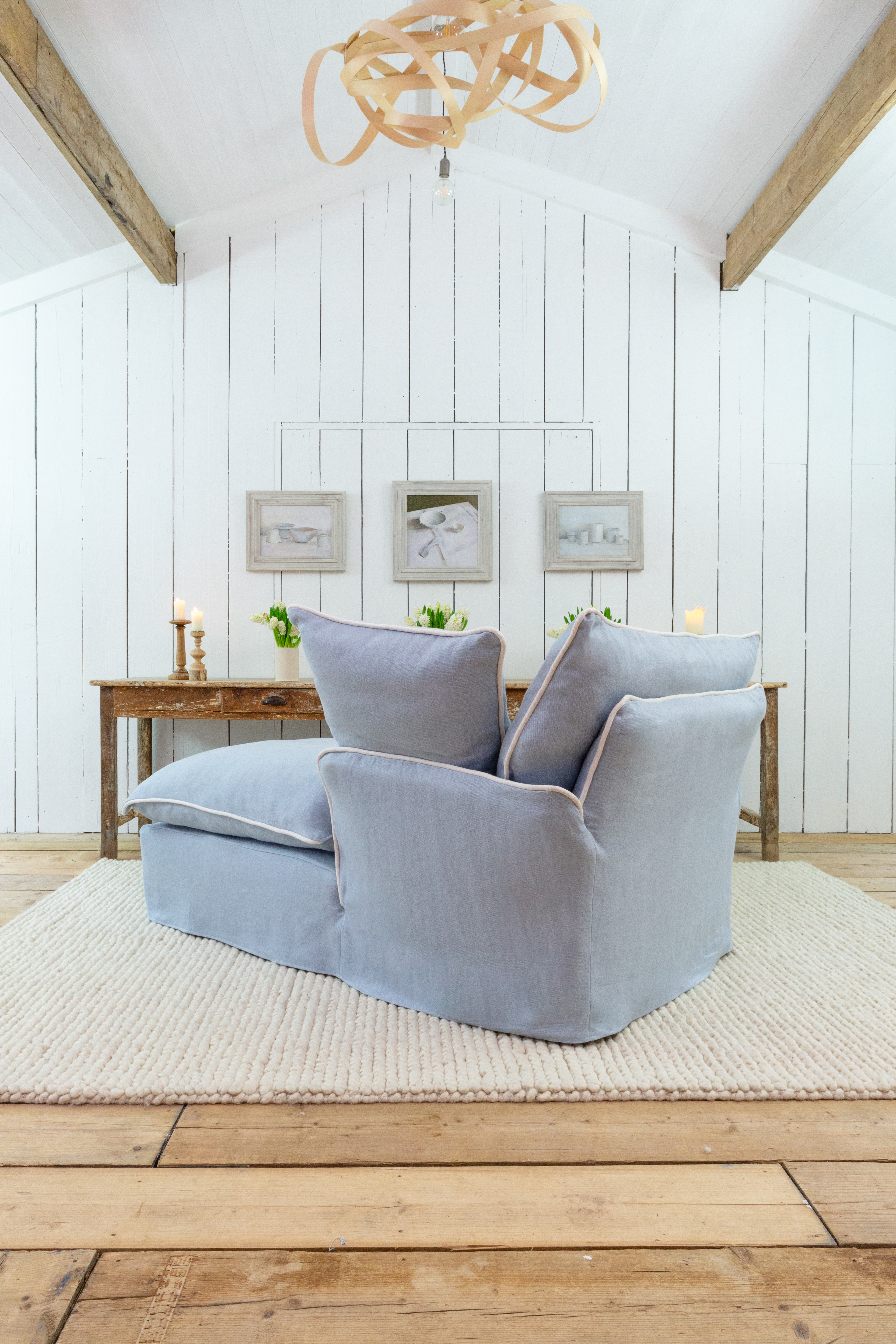 Aquamarine/Moonstone 100% Linen - Marnie Contrast Piped Armchair Chaise