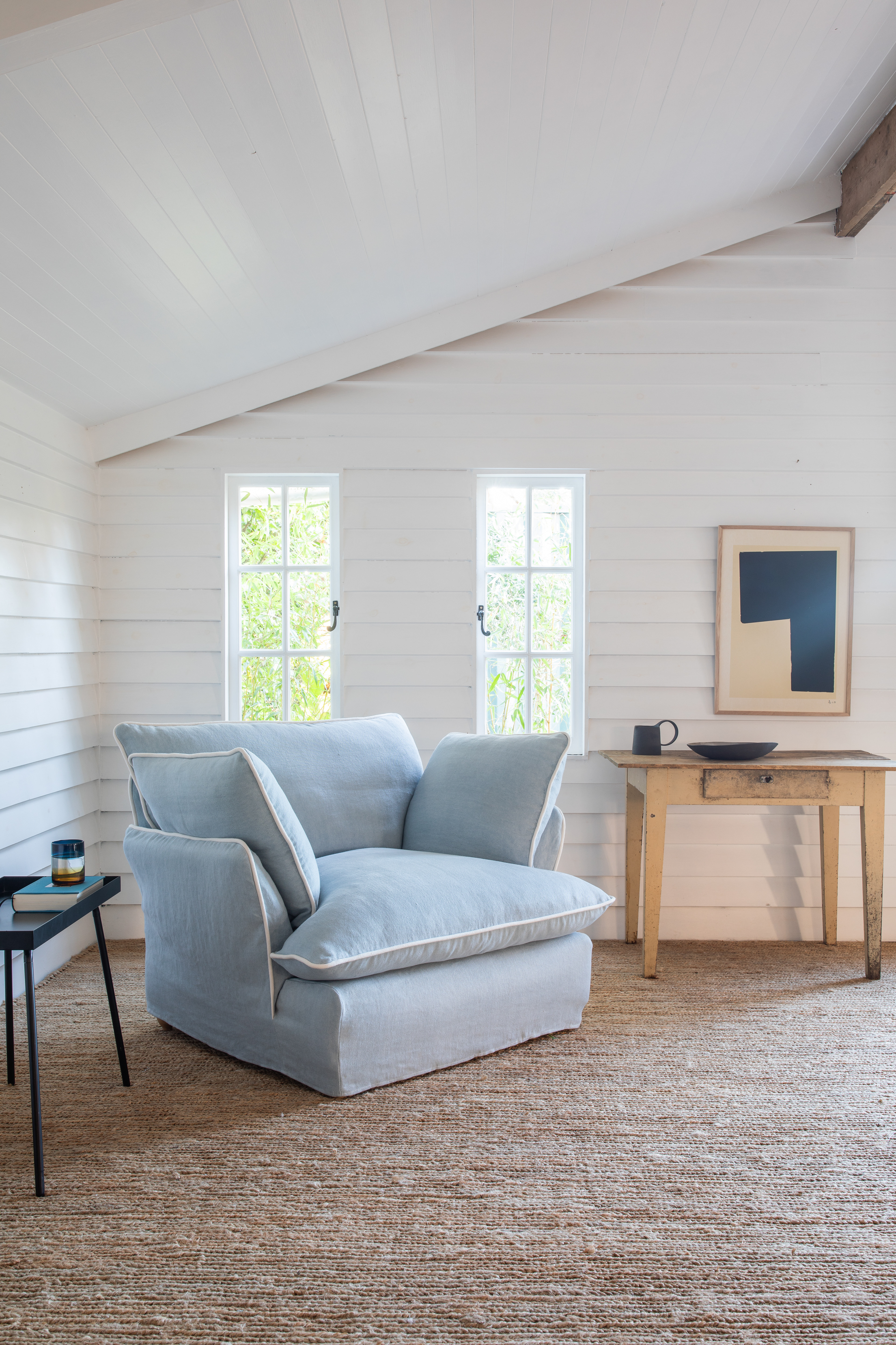Aquamarine/Moonstone 100% Linen - Marnie Contrast Piped Armchair