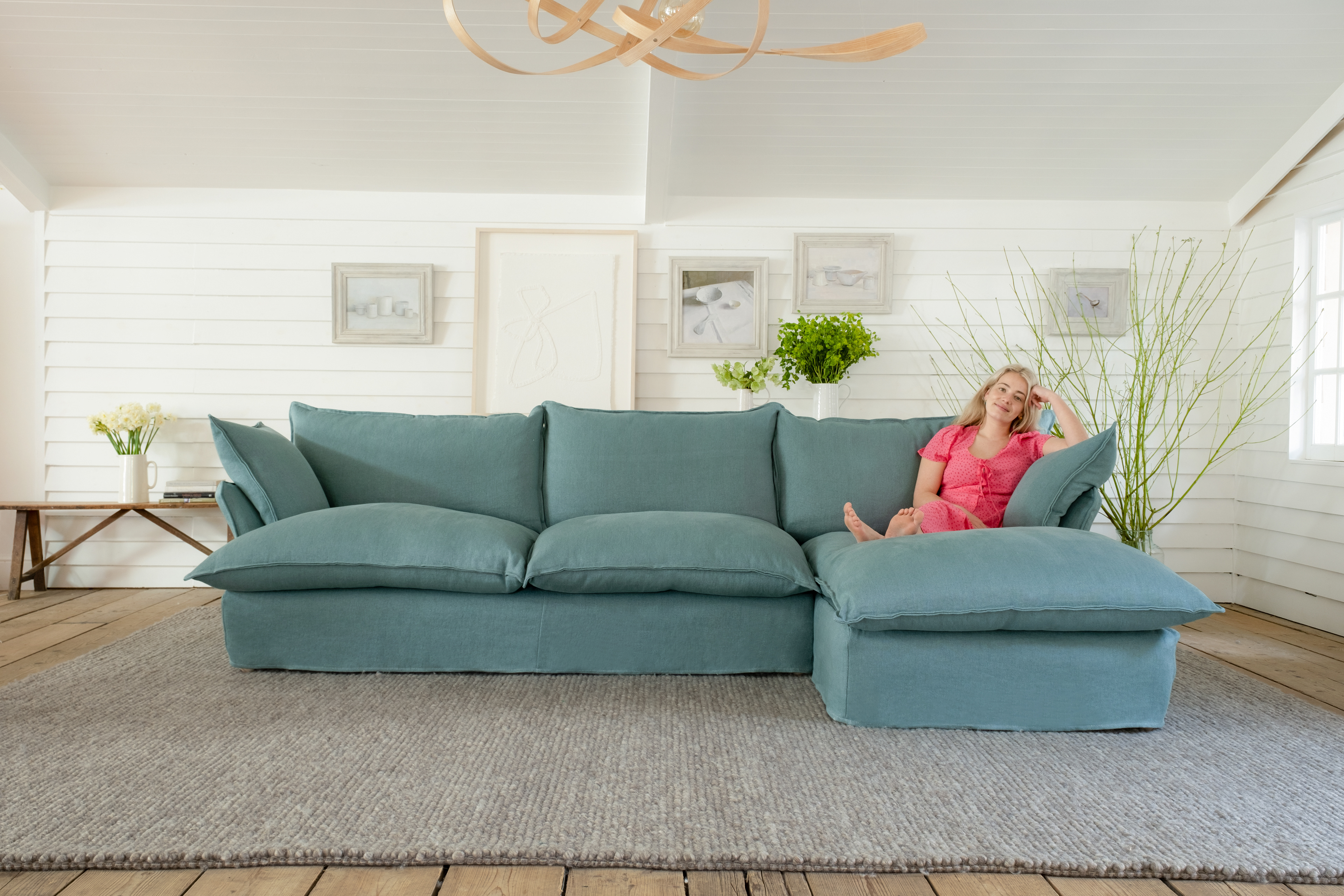 Amazonite 100% Linen - Song Short Pillow Edge Large Chaise Sofa