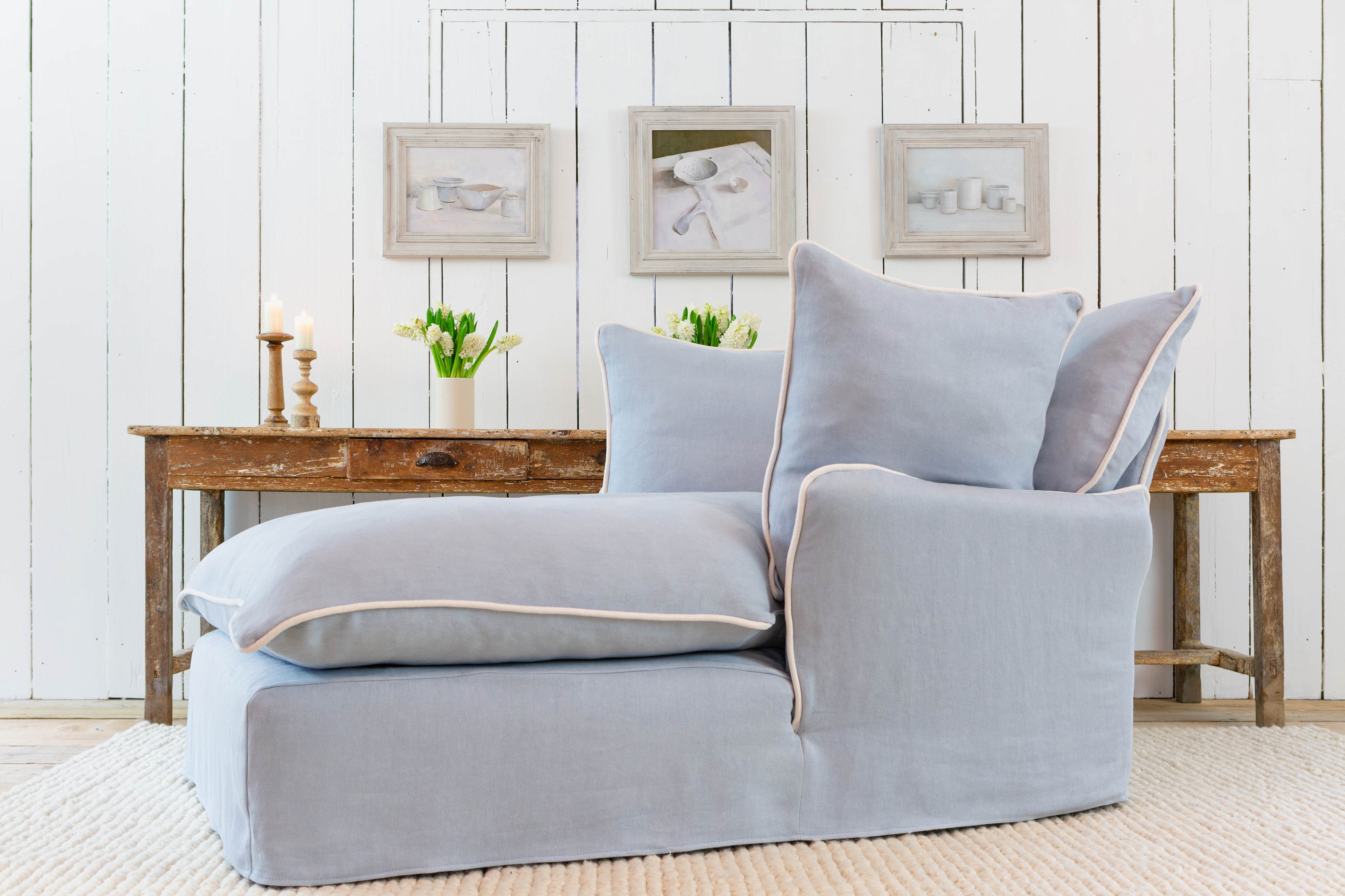 Aquamarine/Moonstone 100% Linen - Marnie Contrast Piped Armchair Chaise (Coming to US and Aus in 2022)