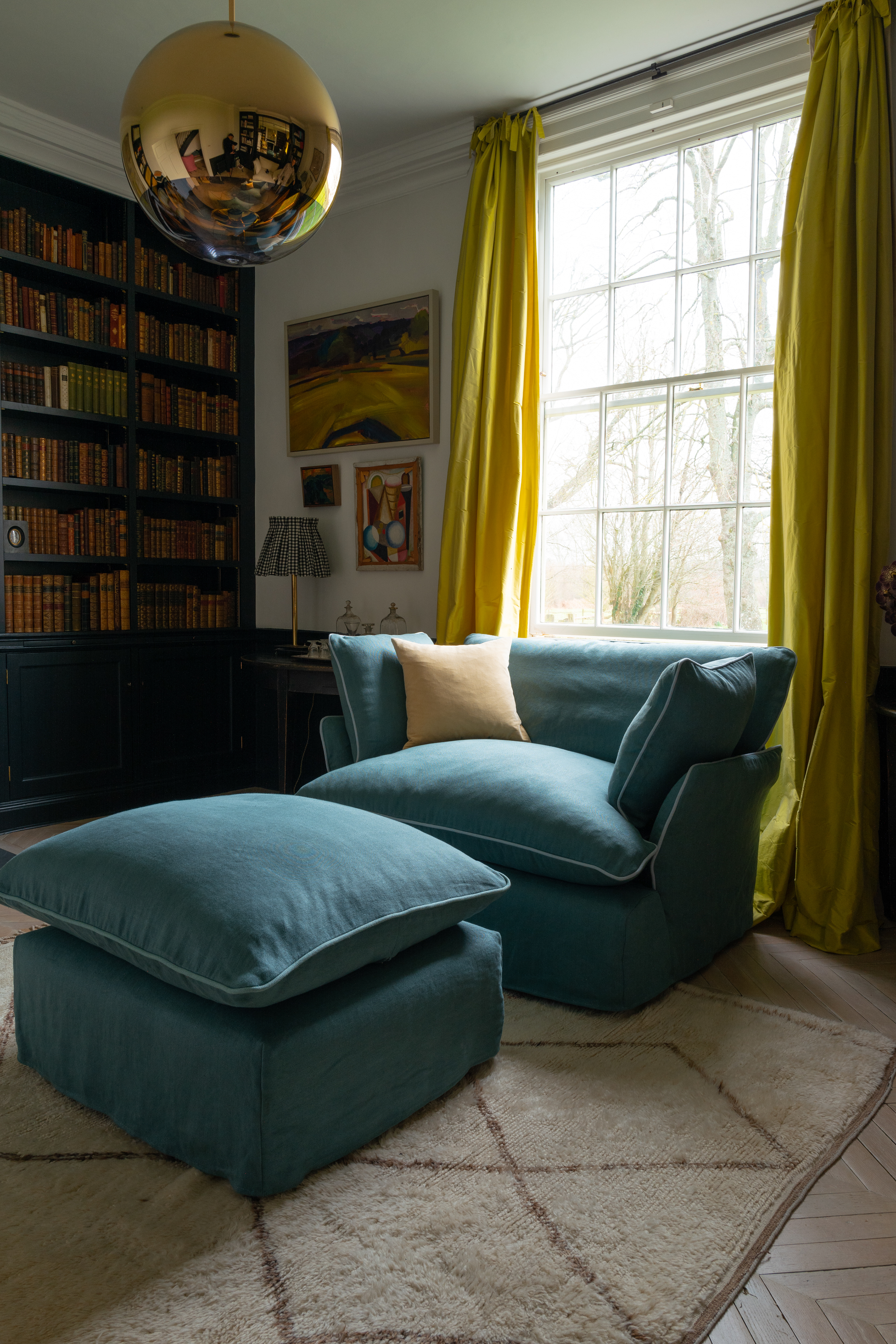 Amazonite/Aquamarine 100% Linen - Marnie Contrast Piped Love Seat & Footstool
