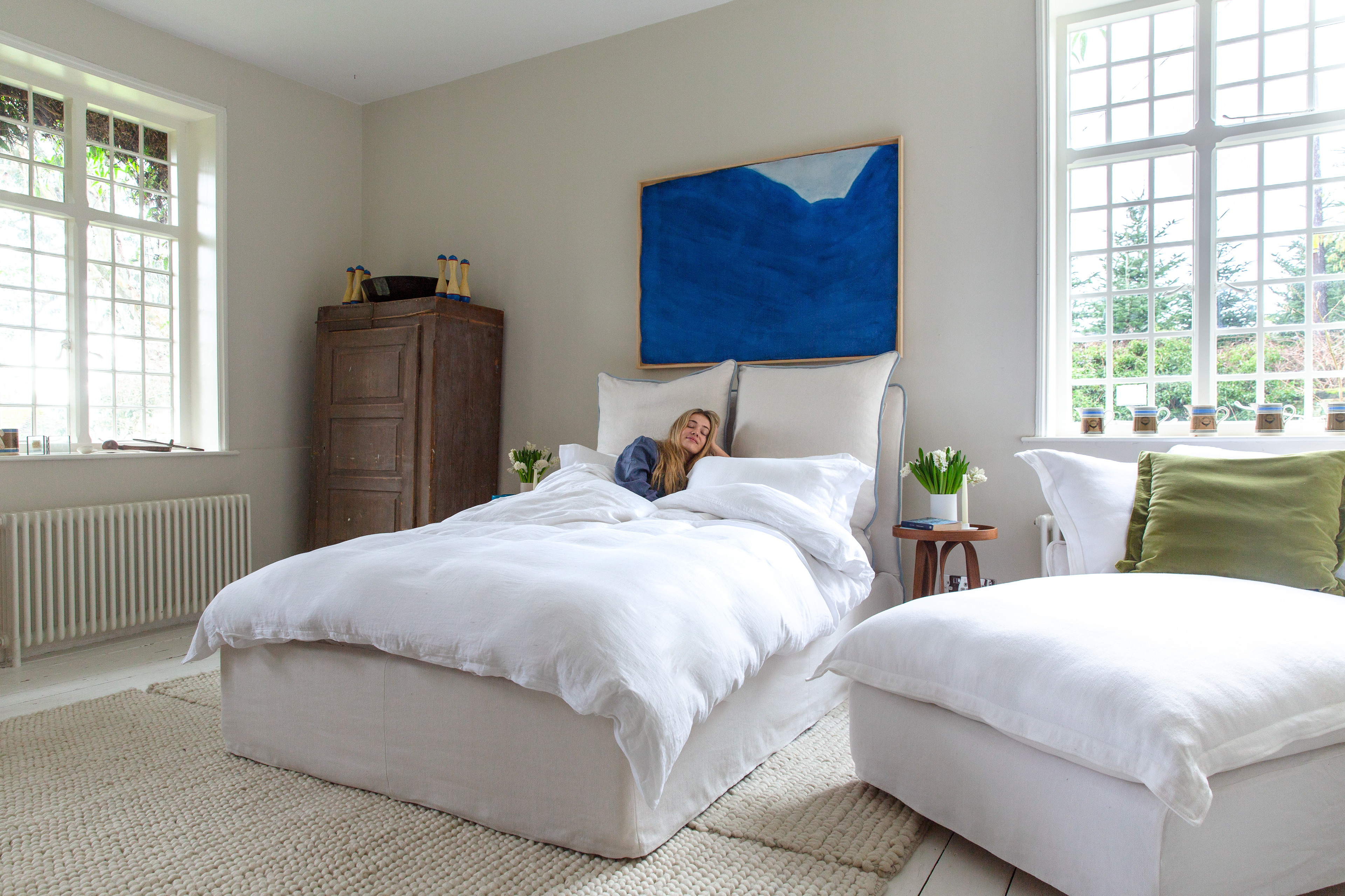 Moonstone/Aquamarine 100% Linen - Marnie Piped Contrast Double Bed