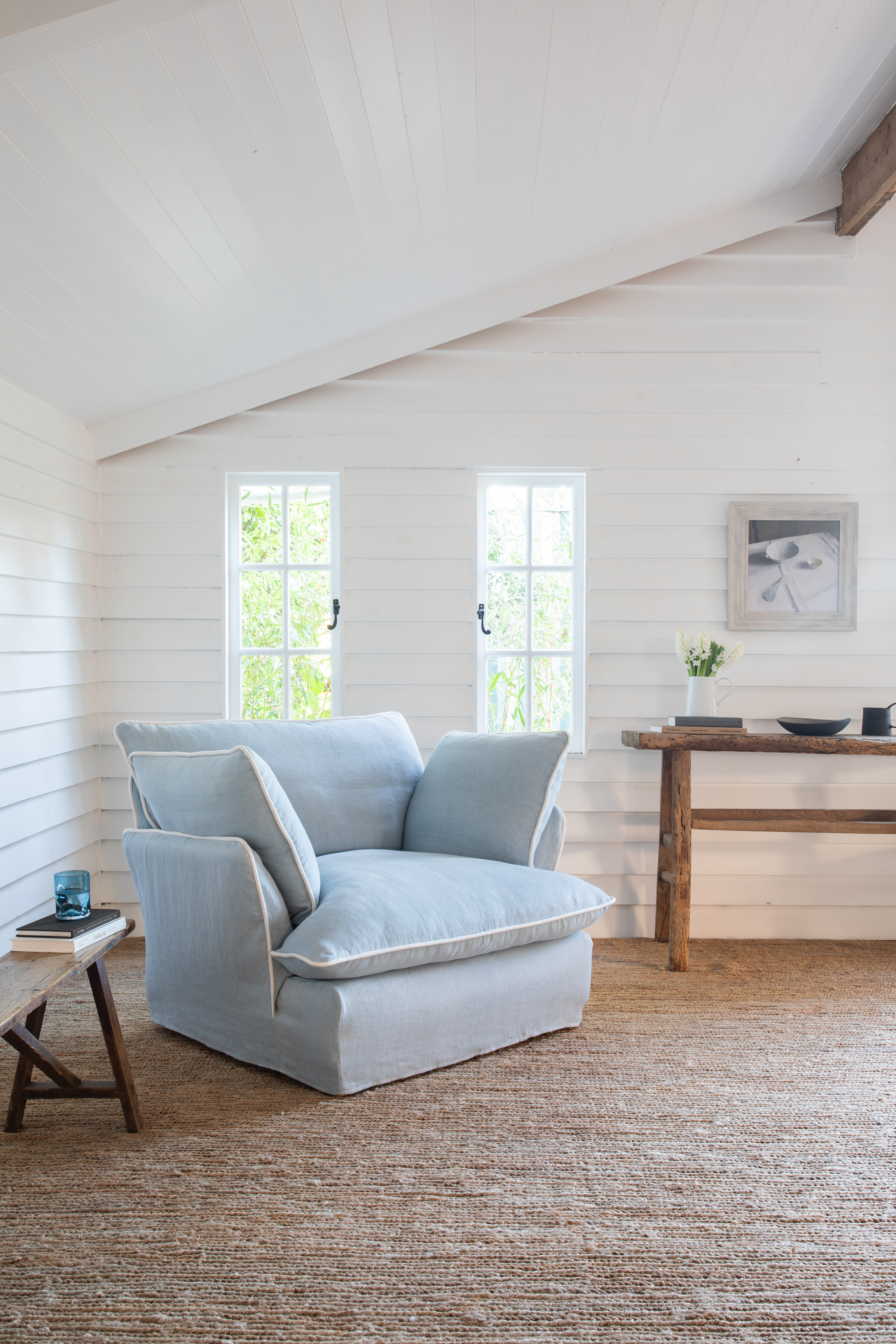 Aquamarine/Moonstone 100% Linen - Marnie Contrast Piped Armchair