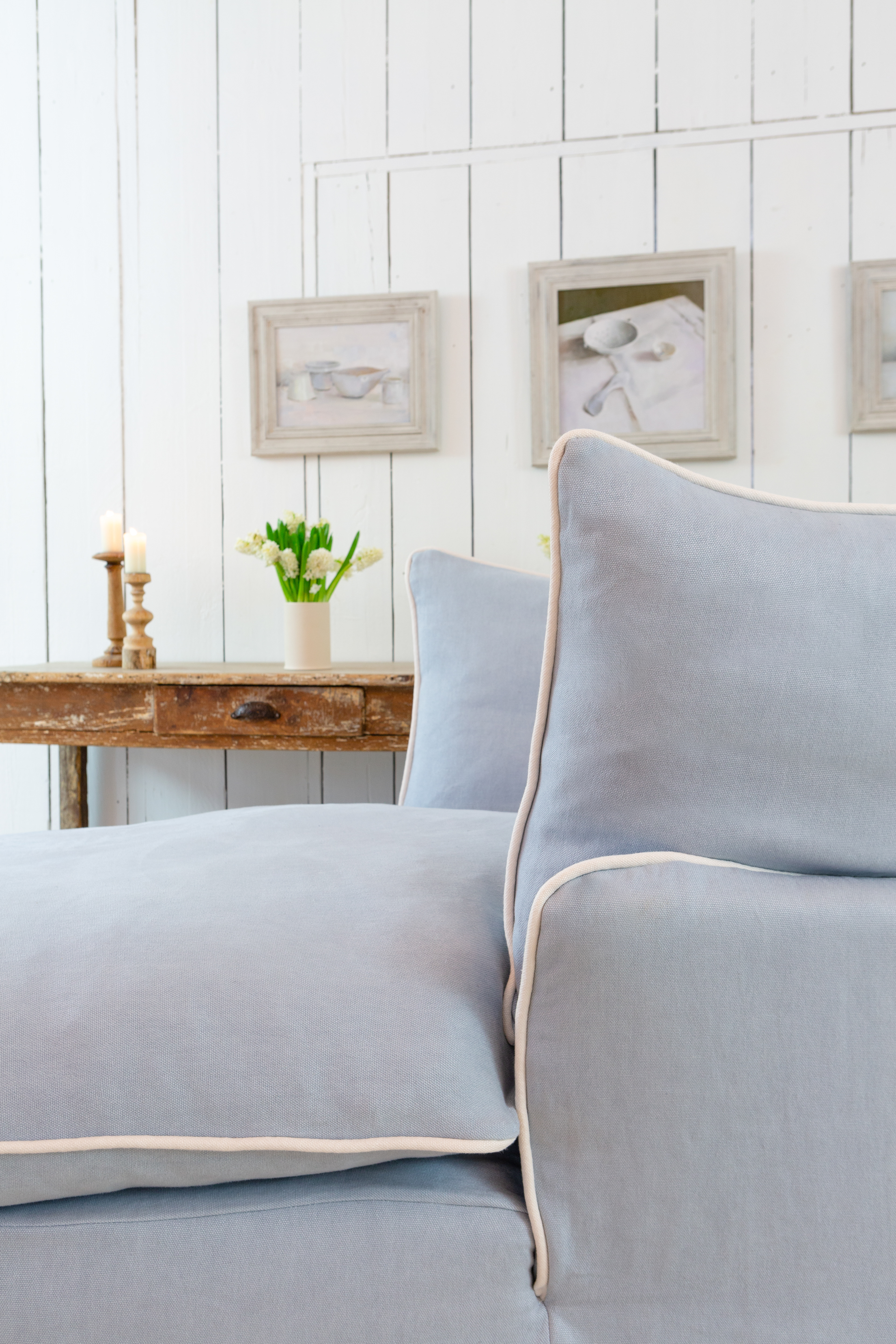 Aquamarine/Moonstone 100% Linen - Marnie Contrast Piped Armchair Chaise (Coming to US and Aus in 2022)