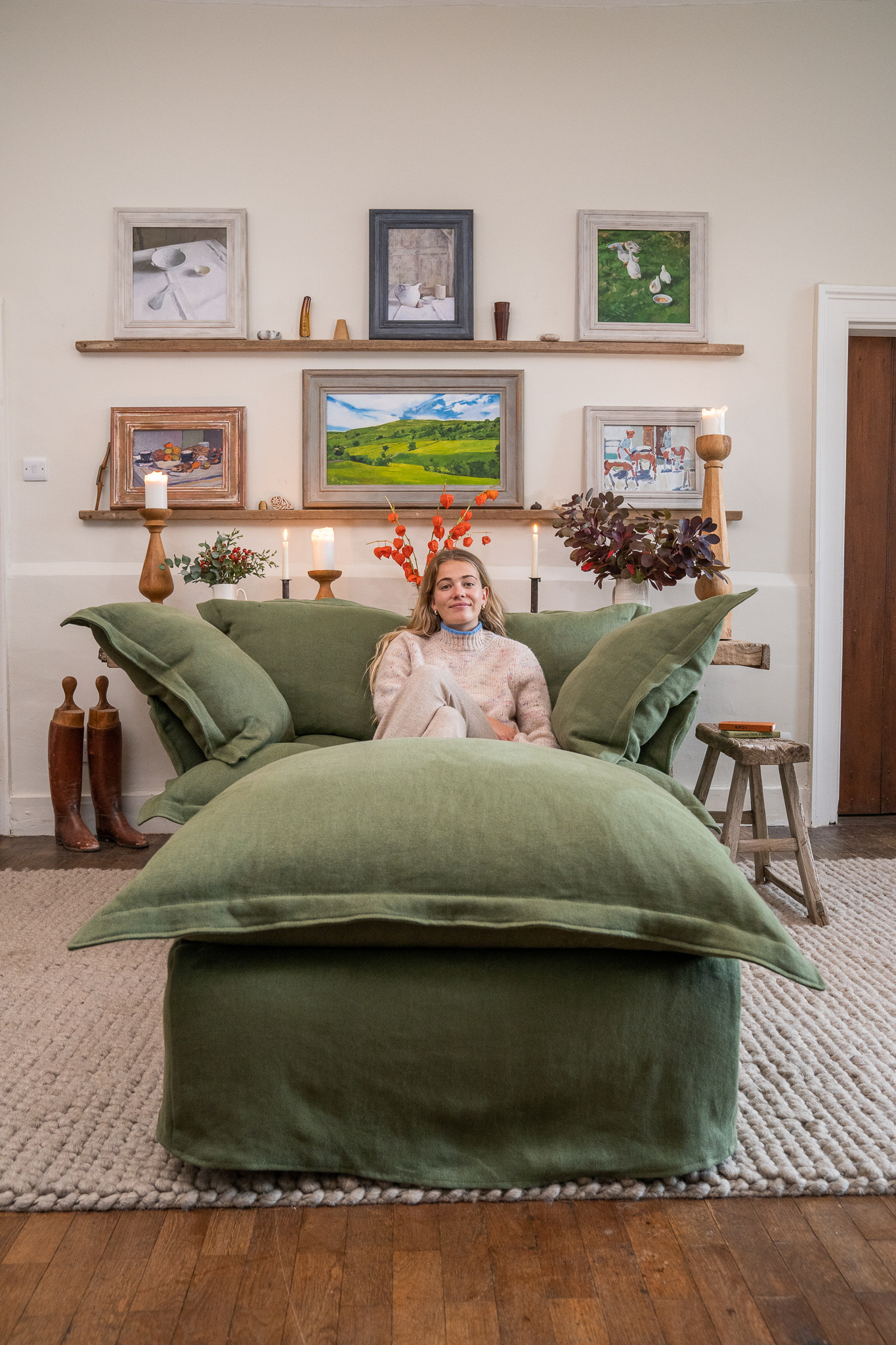 Malachite 100% Linen - Song Pillow Edge Love Seat