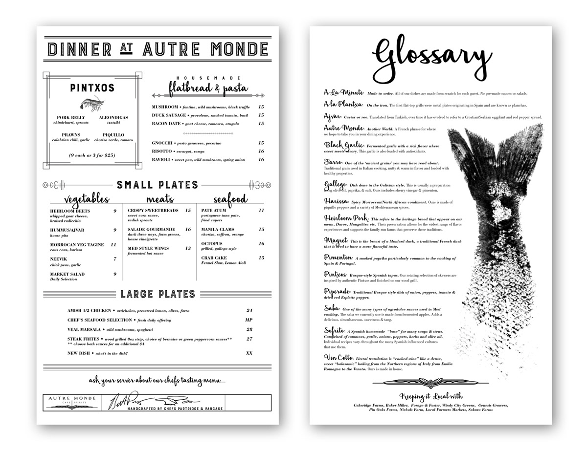 Various Menus for Autre Monde Café & Spirits.
