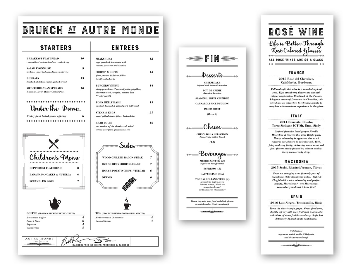 Various Menus for Autre Monde Café & Spirits