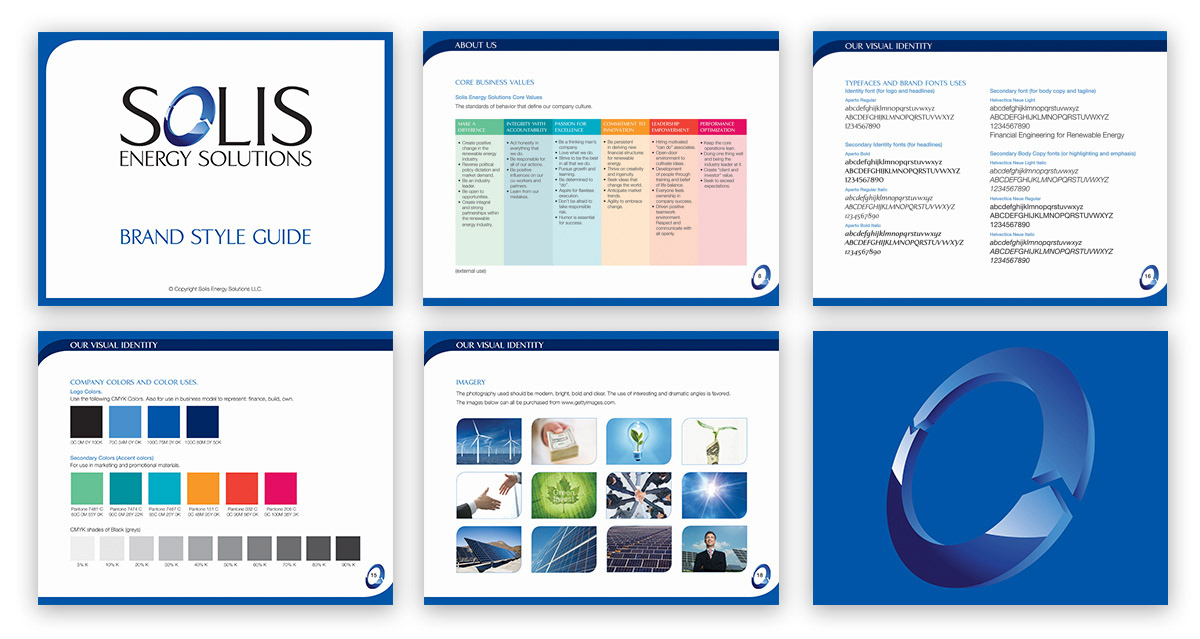 Complete Brand Identity for Solis Energy Solutions – A Solar Energy Investment Company.
Example pages from the 24 page Style Guide that I designed.