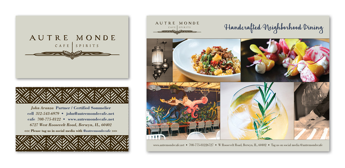 Autre Monde Café & Spirits Business Card and Postcard.