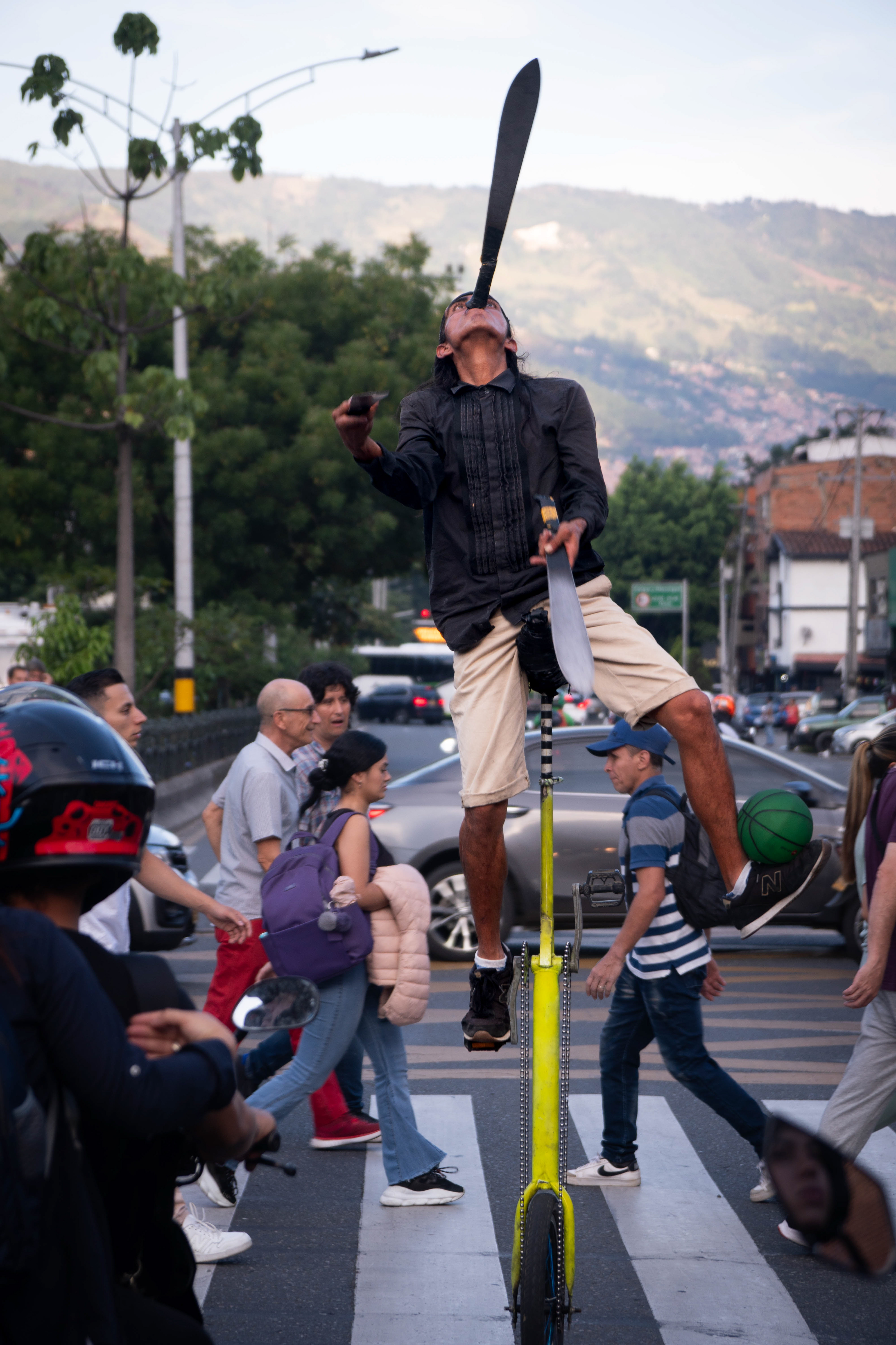 Performer on a Busy street in Medellin, Colombia.