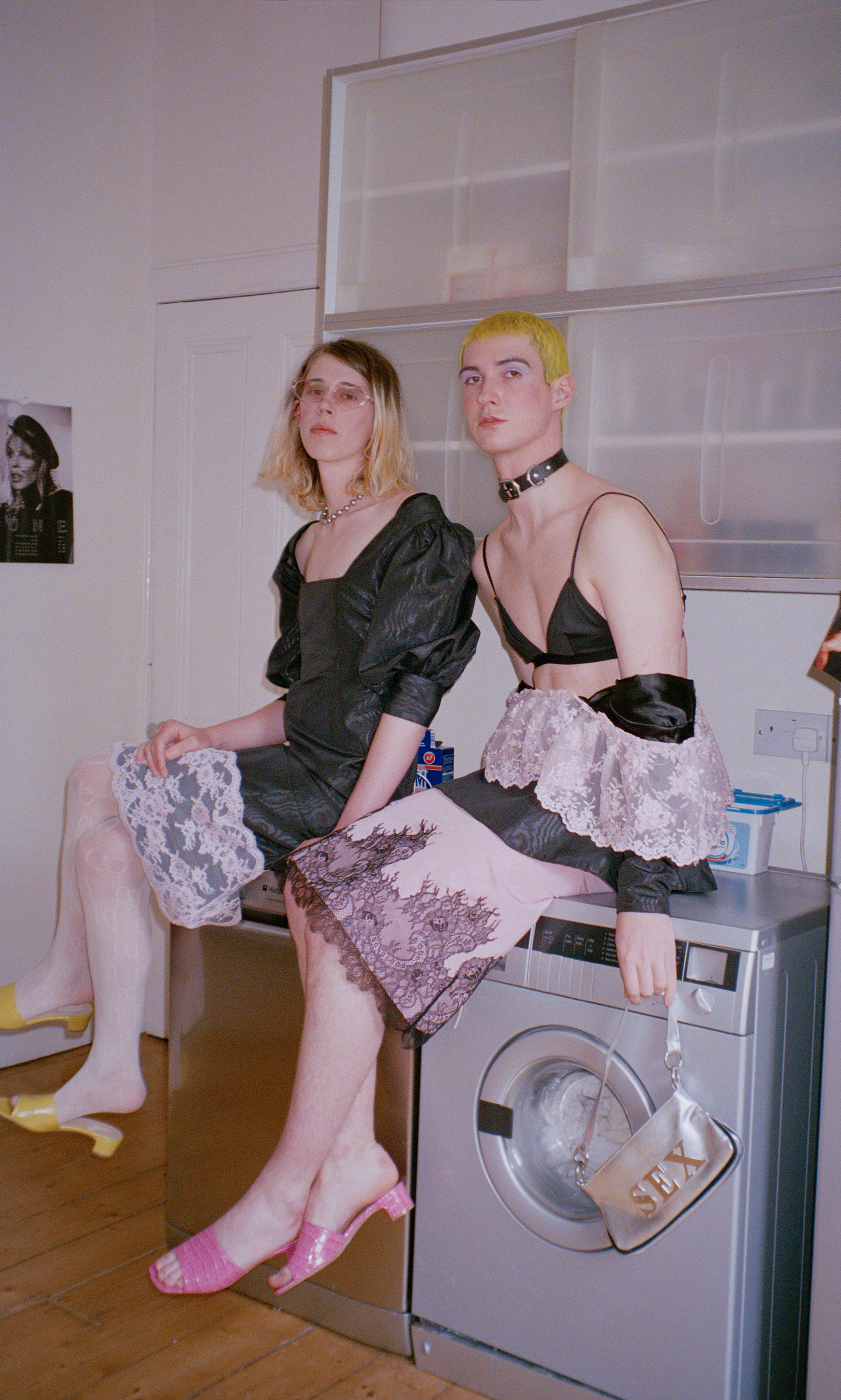 SOFTER, SOFTEST; Makeup by me, styled and directed by Christopher Reid and me, shot by me on Fuji 400 35mm Reu wears: - dress: Christopher David Reid - tights: Gucci - shoes: Top Shop - sunglasses: stylist’s own - necklace: stylist’s own Jack wears: - top and skirt: Christopher David Reid - bra and necklace: ASOS - shoes: Top Shop - handbag: stylist’s own