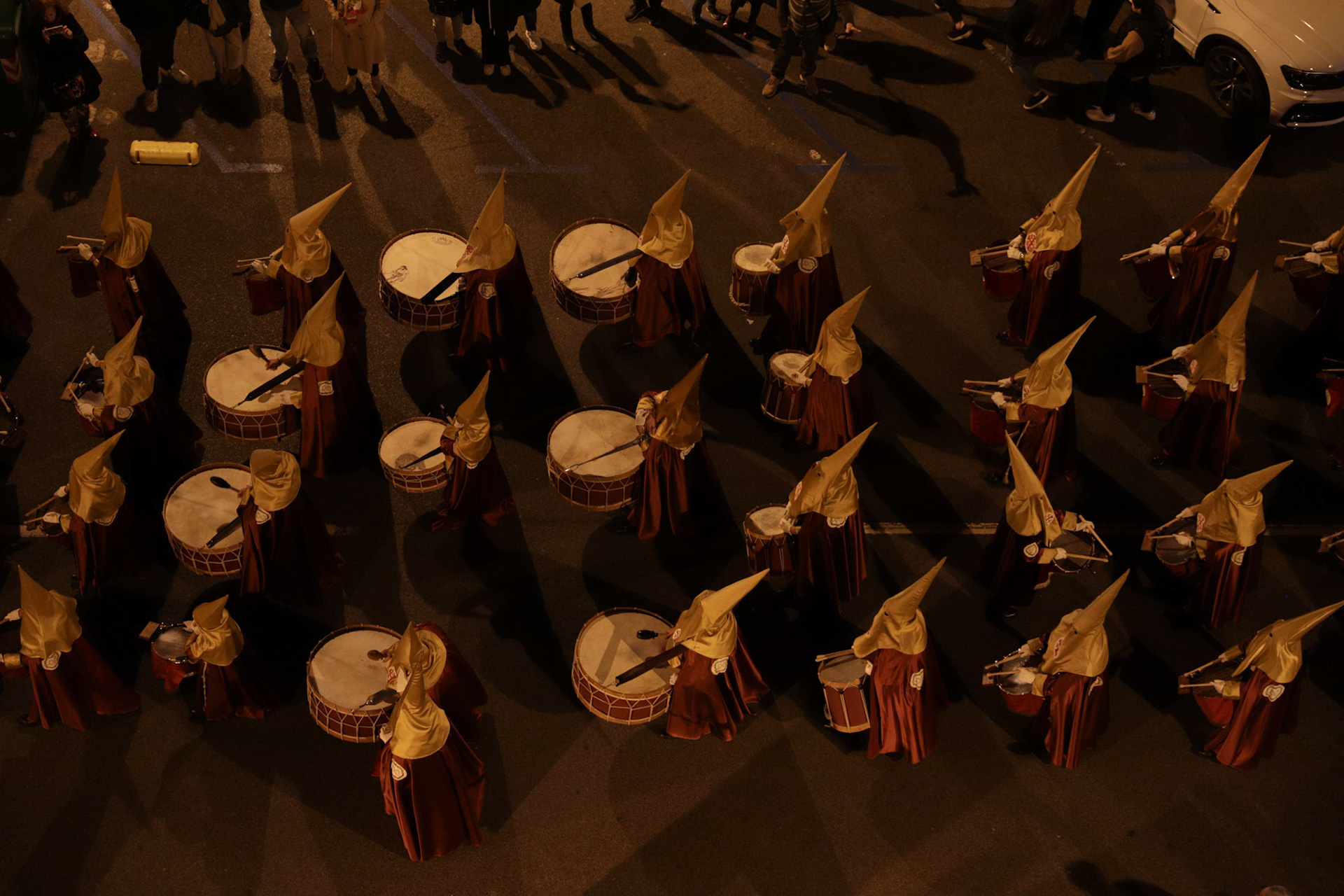 Members of the Flagellation Brotherhood play music as they march with the Penitential 'Via Crucis' of the Flagellation procession on Holy Tuesday in Logrono, La Rioja, Spain, April 04, 2023.