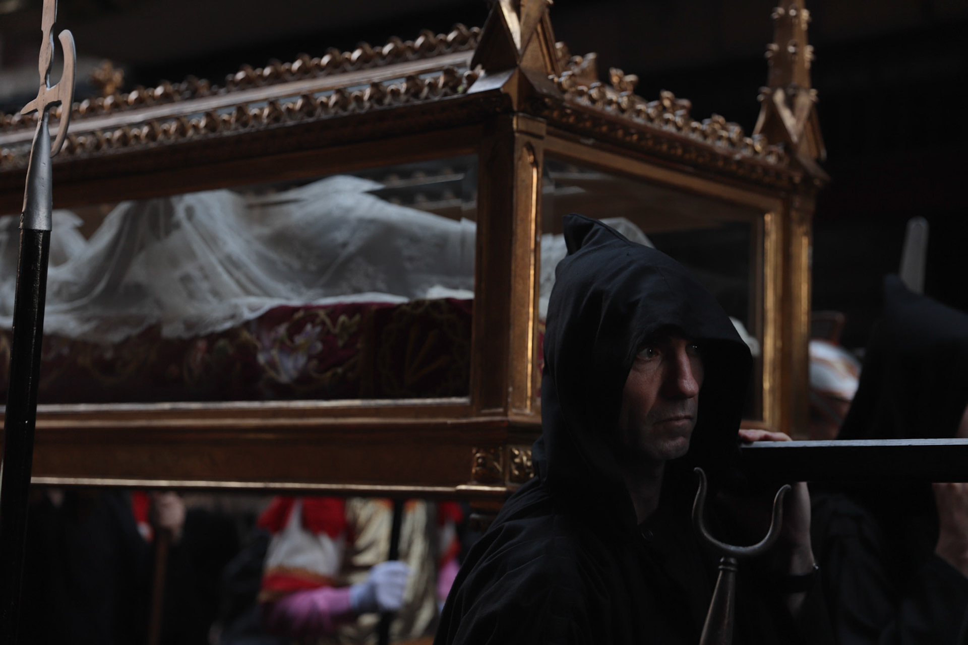 Members of the Holy Week Brotherhoods march the Silent Procession and Holy Sepulchre of the Recumbent Christ on Good Friday in Hondarribia, Gipuzkoa, Basque Country, Spain, April 08, 2023.