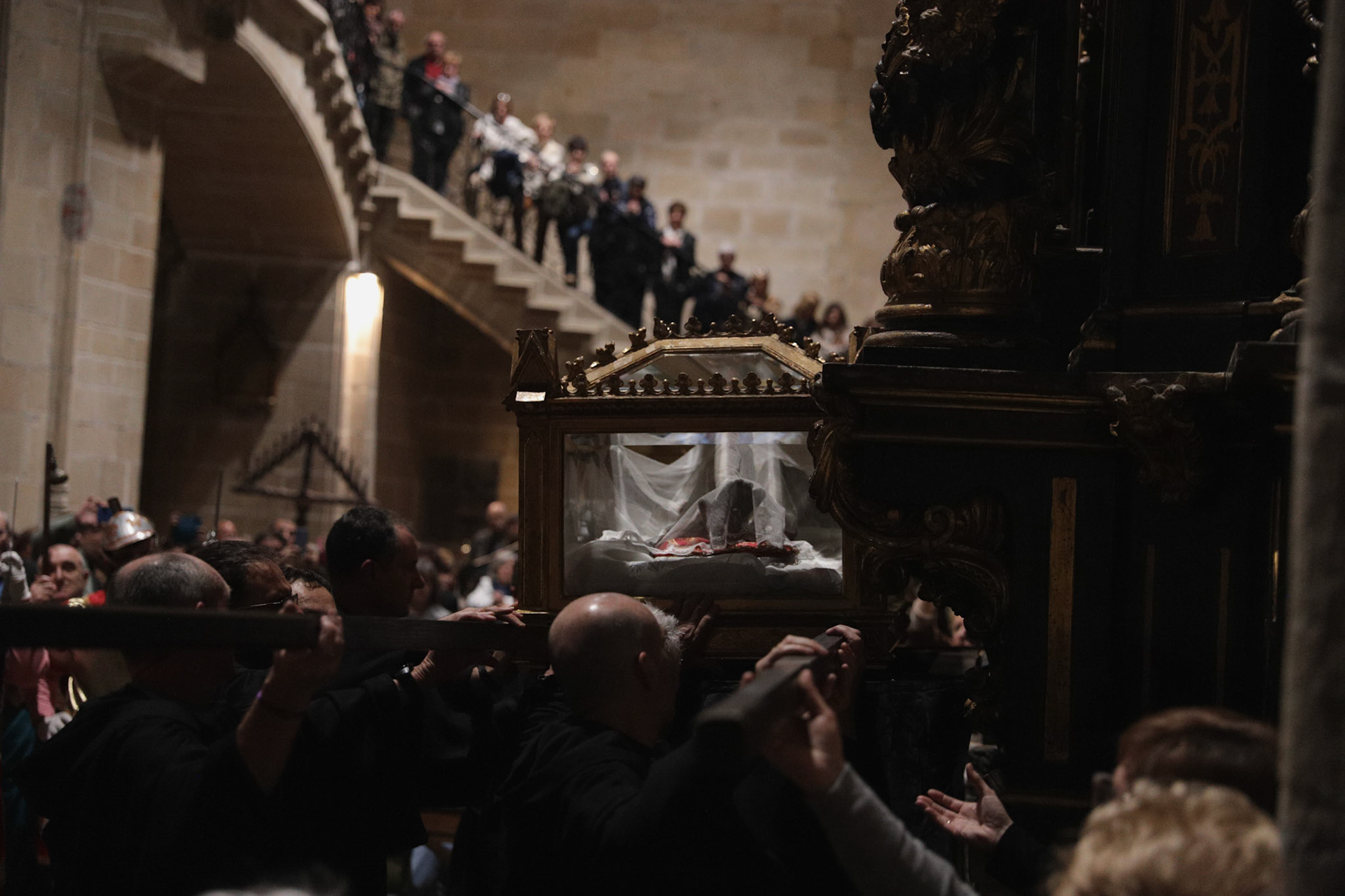 The passages from the Silent Procession and Holy Sepulchre of the Recumbent Christ are brought back for burial at the Santa Maria de la Asuncion y del Manzano Church in Hondarribia, Gipuzkoa, Basque Country, Spain, April 08, 2023.