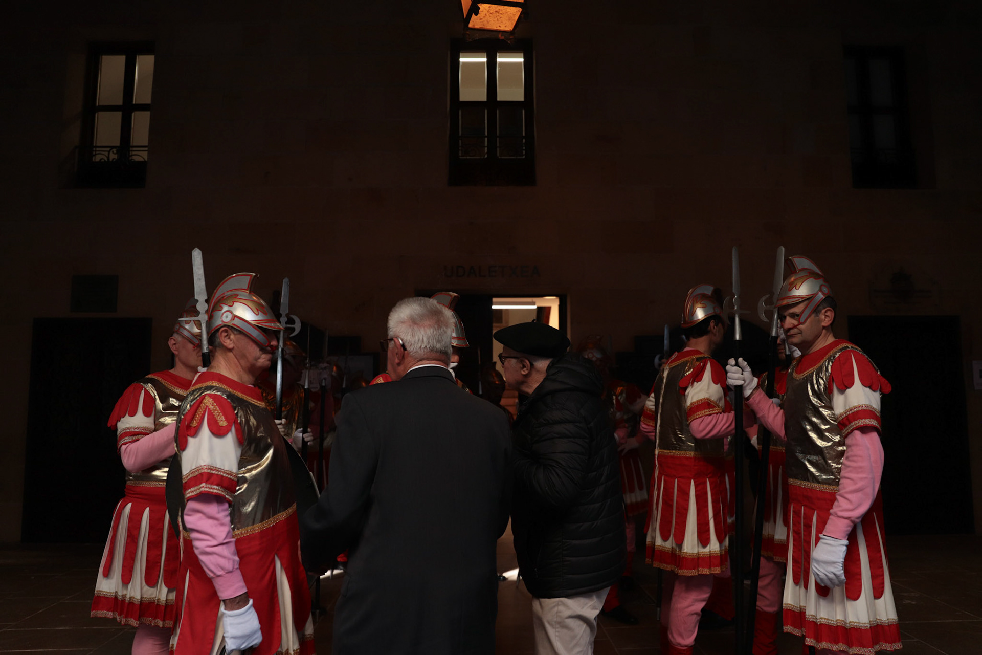 Members of the Holy Week Brotherhoods dressed as Romans await the start of the Silent Procession and Holy Sepulchre of the Recumbent Christ on Good Friday in Hondarribia, Gipuzkoa, Basque Country, Spain, April 04, 2023.