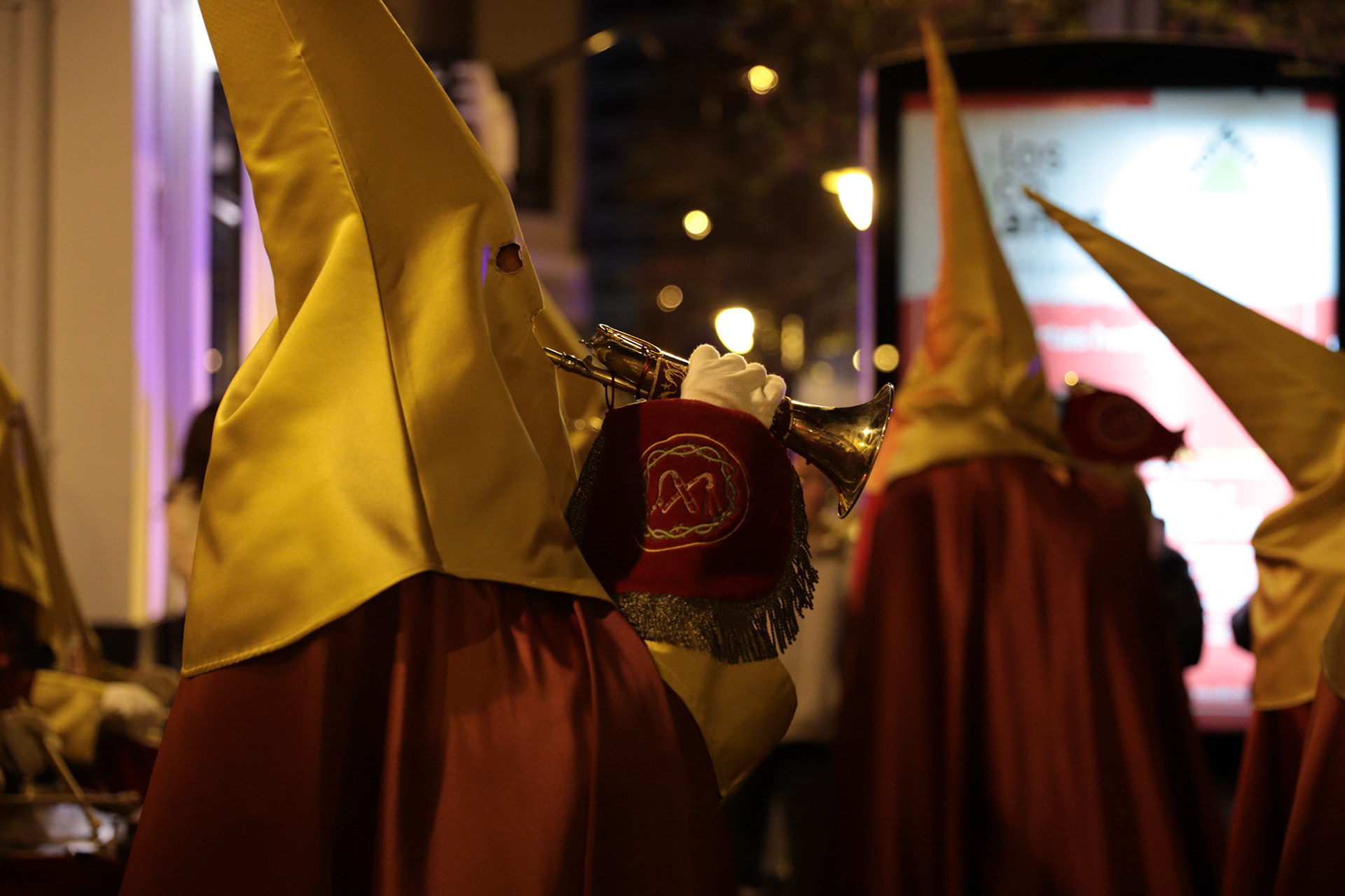 Members of the Flagellation Brotherhood play music as they march with the Penitential 'Via Crucis' of the Flagellation procession on Holy Tuesday in Logrono, La Rioja, Spain, April 04, 2023.