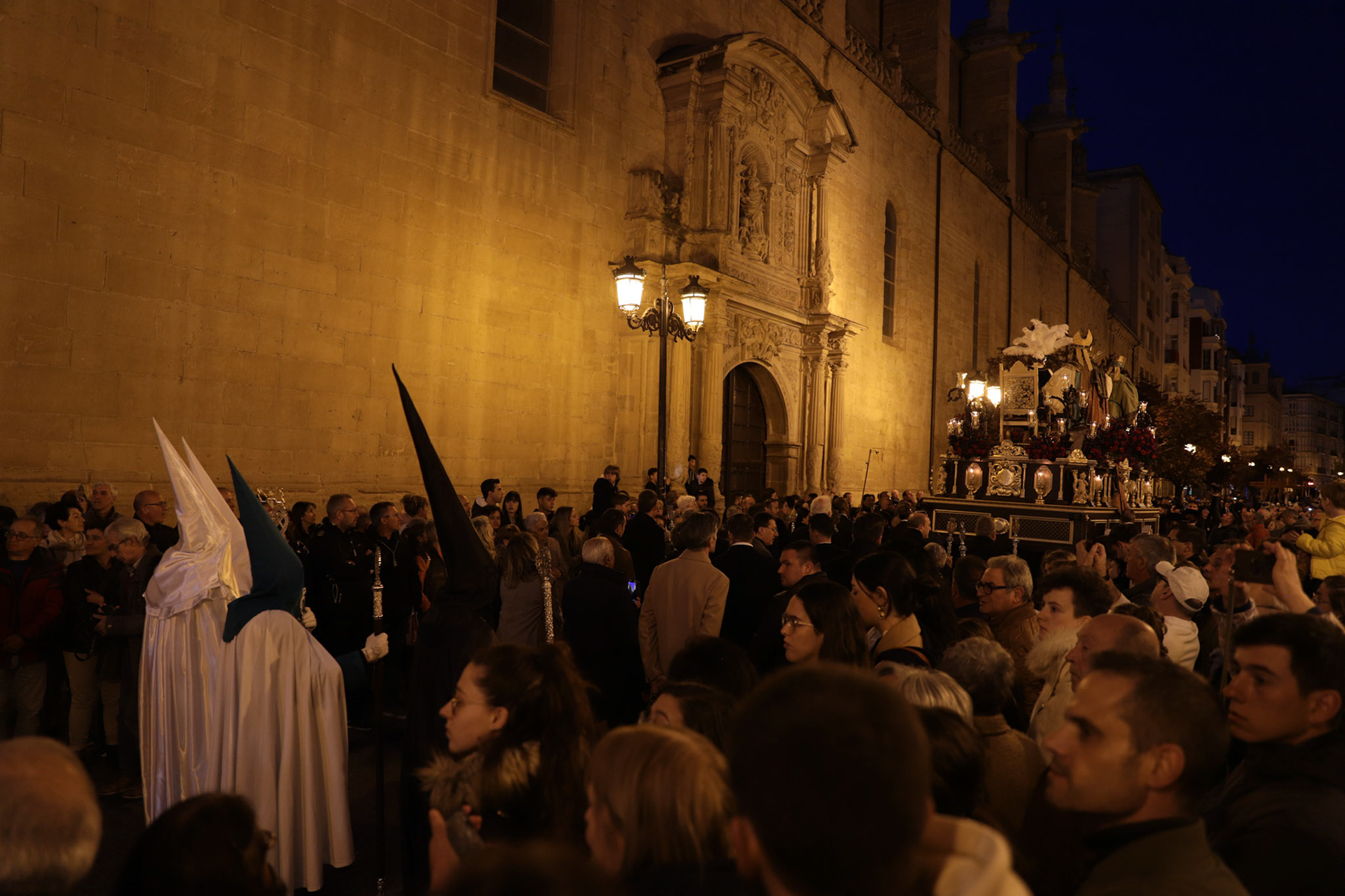 People attend the Penitential 'Via Crucis' of Our Father Captive Jesus procession on Easter Monday, Catedral de Santa Maria de la Redonda, Logrono, La Rioja, Spain, April 03, 2023.