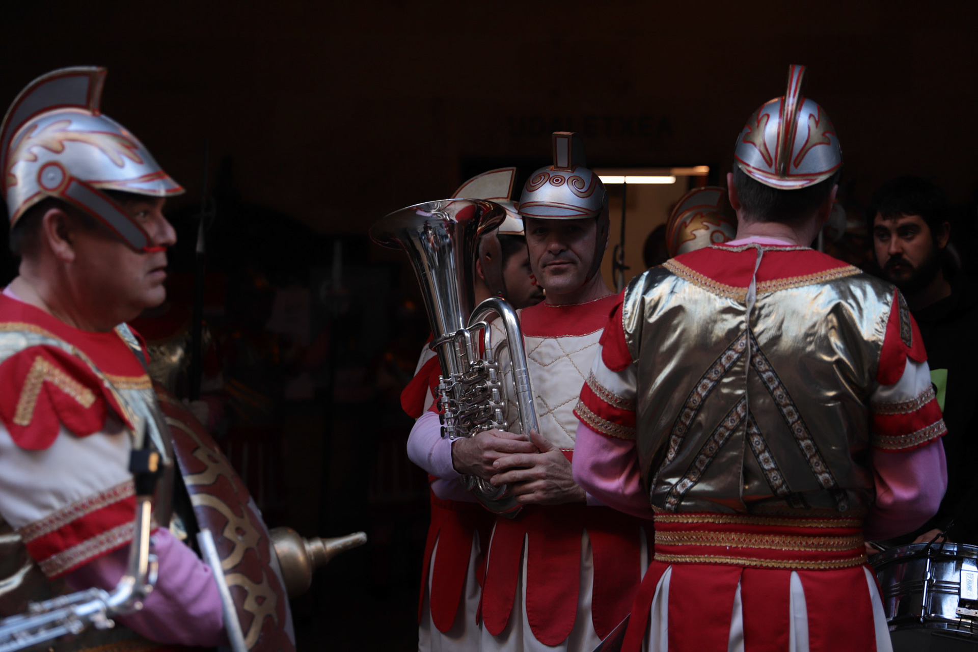 Members of the Holy Week Brotherhoods dressed as Romans await the start of the Silent Procession and Holy Sepulchre of the Recumbent Christ on Good Friday in Hondarribia, Gipuzkoa, Basque Country, Spain, April 04, 2023.