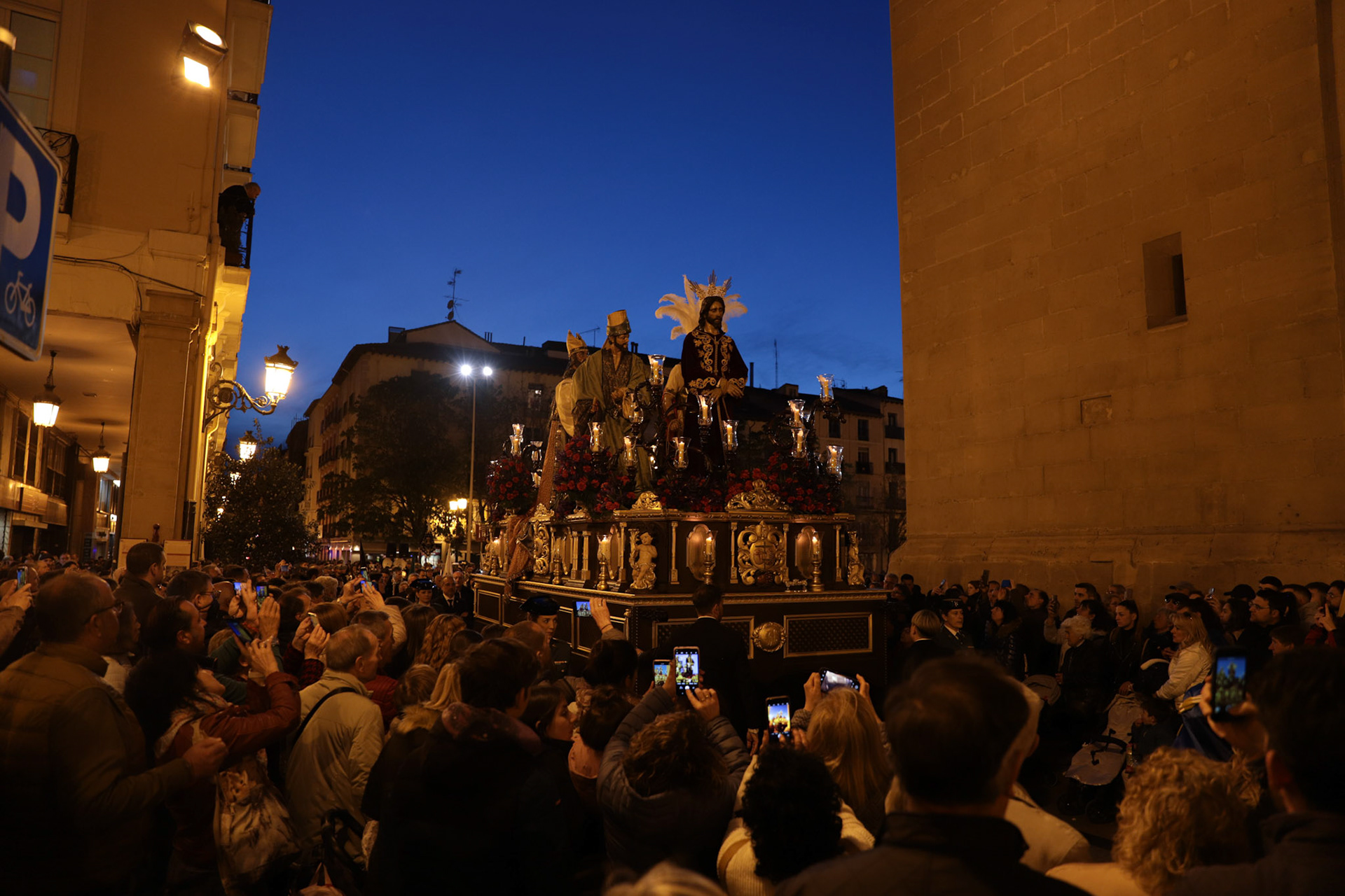 People attend the Penitential 'Via Crucis' of Our Father Captive Jesus procession on Easter Monday, Catedral de Santa Maria de la Redonda, Logrono, La Rioja, Spain, April 03, 2023.