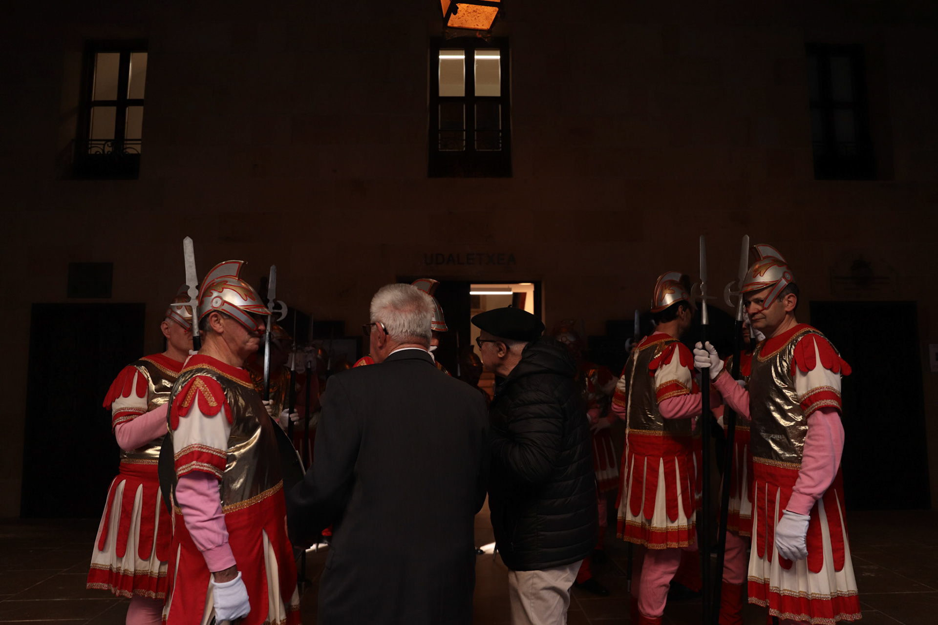 Members of the Holy Week Brotherhoods dressed as Romans await the start of the Silent Procession and Holy Sepulchre of the Recumbent Christ on Good Friday in Hondarribia, Gipuzkoa, Basque Country, Spain, April 04, 2023.