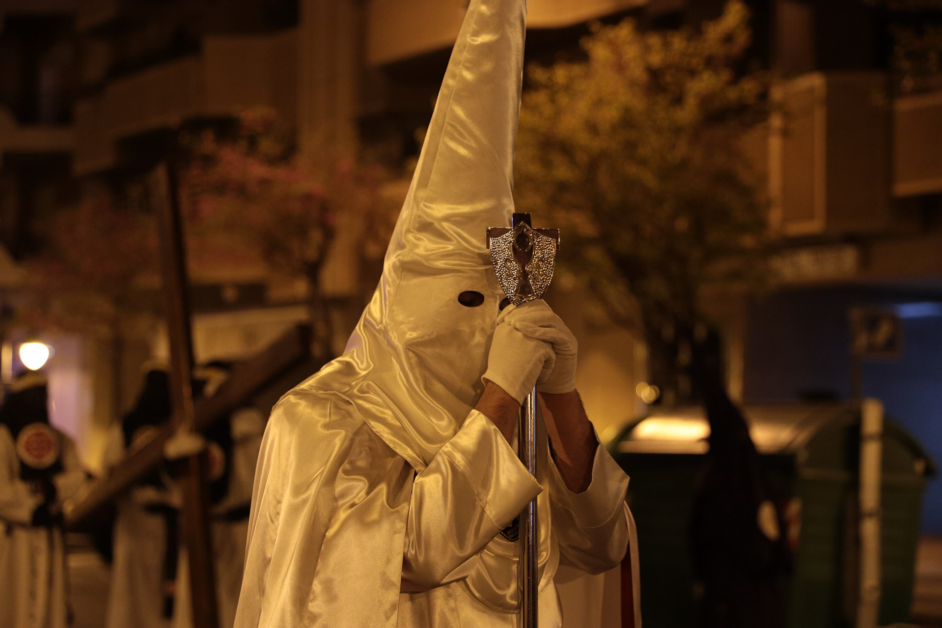 A member of the Flagellation Brotherhood awaits his queue to walk the Penitential 'Via Crucis' of the Flagellation procession on Holy Tuesday in Logrono, La Rioja, Spain, April 04, 2023.