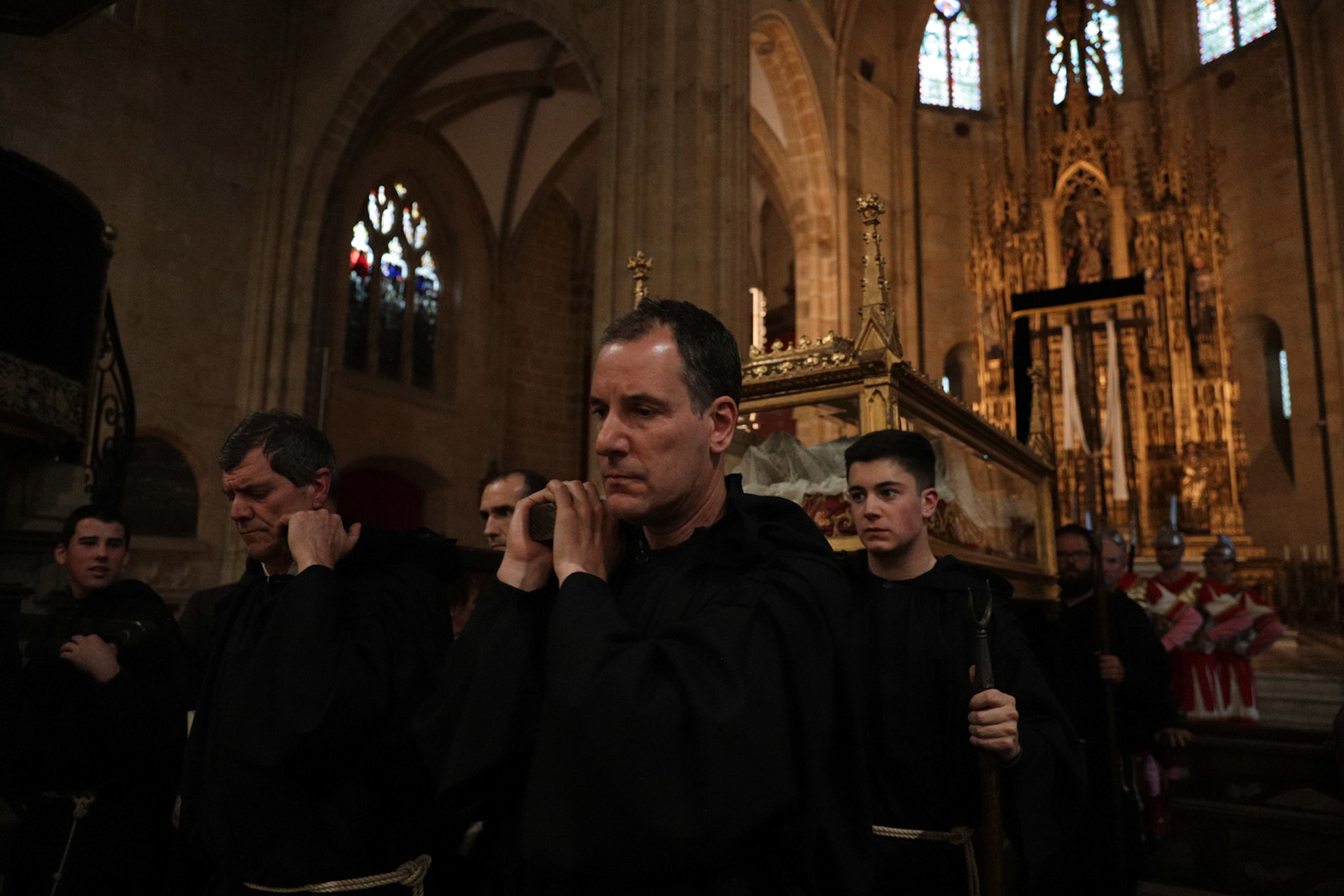 The passages from the Silent Procession and Holy Sepulchre of the Recumbent Christ are brought back for burial at the Santa Maria de la Asuncion y del Manzano Church in Hondarribia, Gipuzkoa, Basque Country, Spain, April 08, 2023.