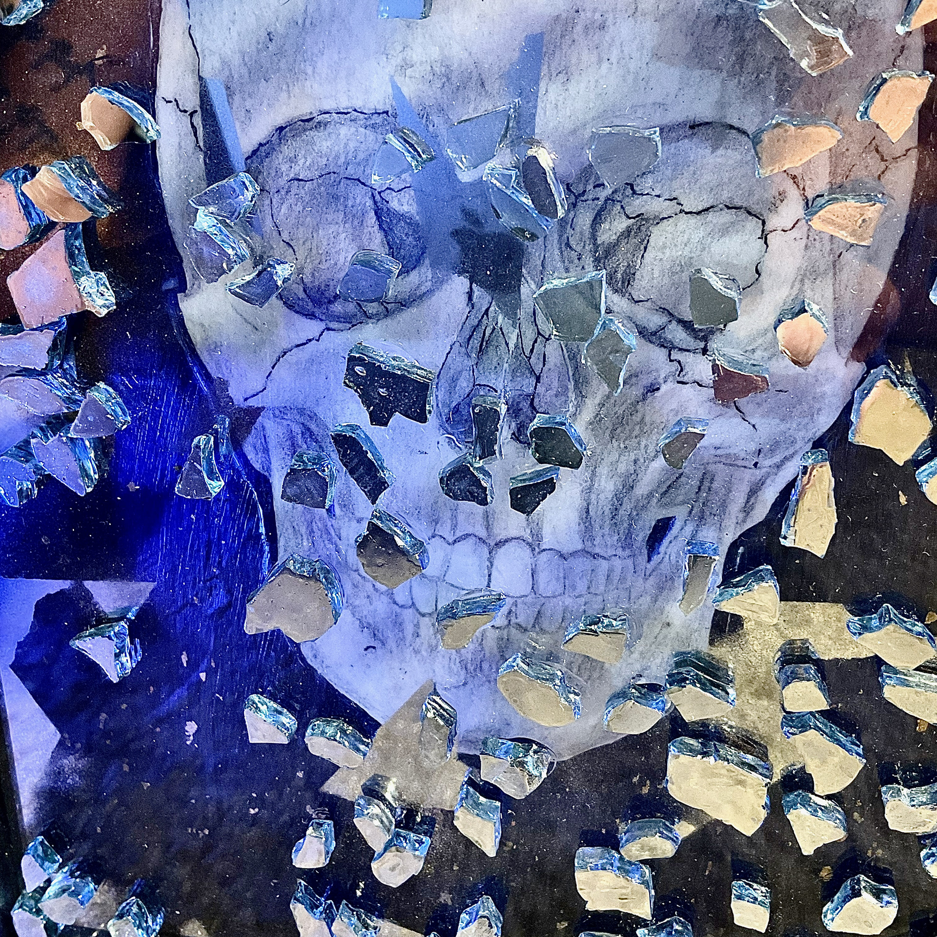 "Narcissus". Mixed media: colored pencil, spray paint, glass shards, gold leaf, and smooth stones, in 8x10" shadow box (2023)