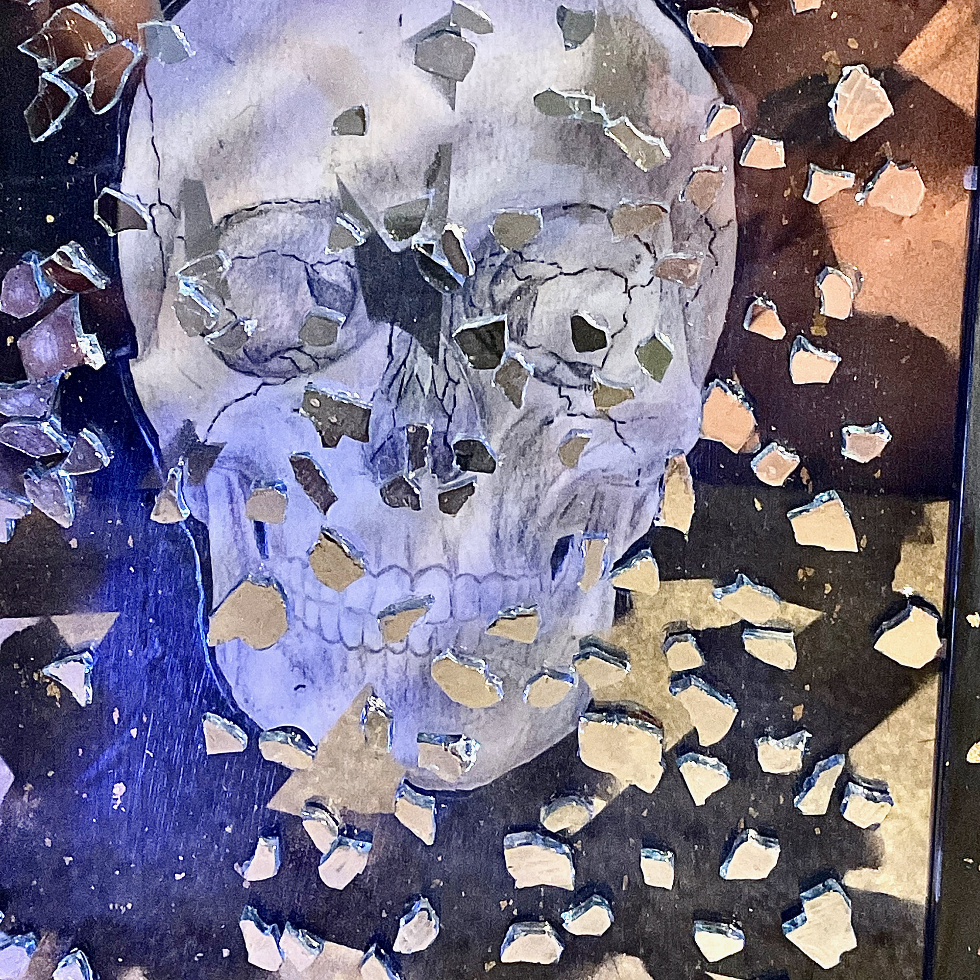 "Narcissus". Mixed media: colored pencil, spray paint, glass shards, gold leaf, and smooth stones, in 8x10" shadow box (2023)