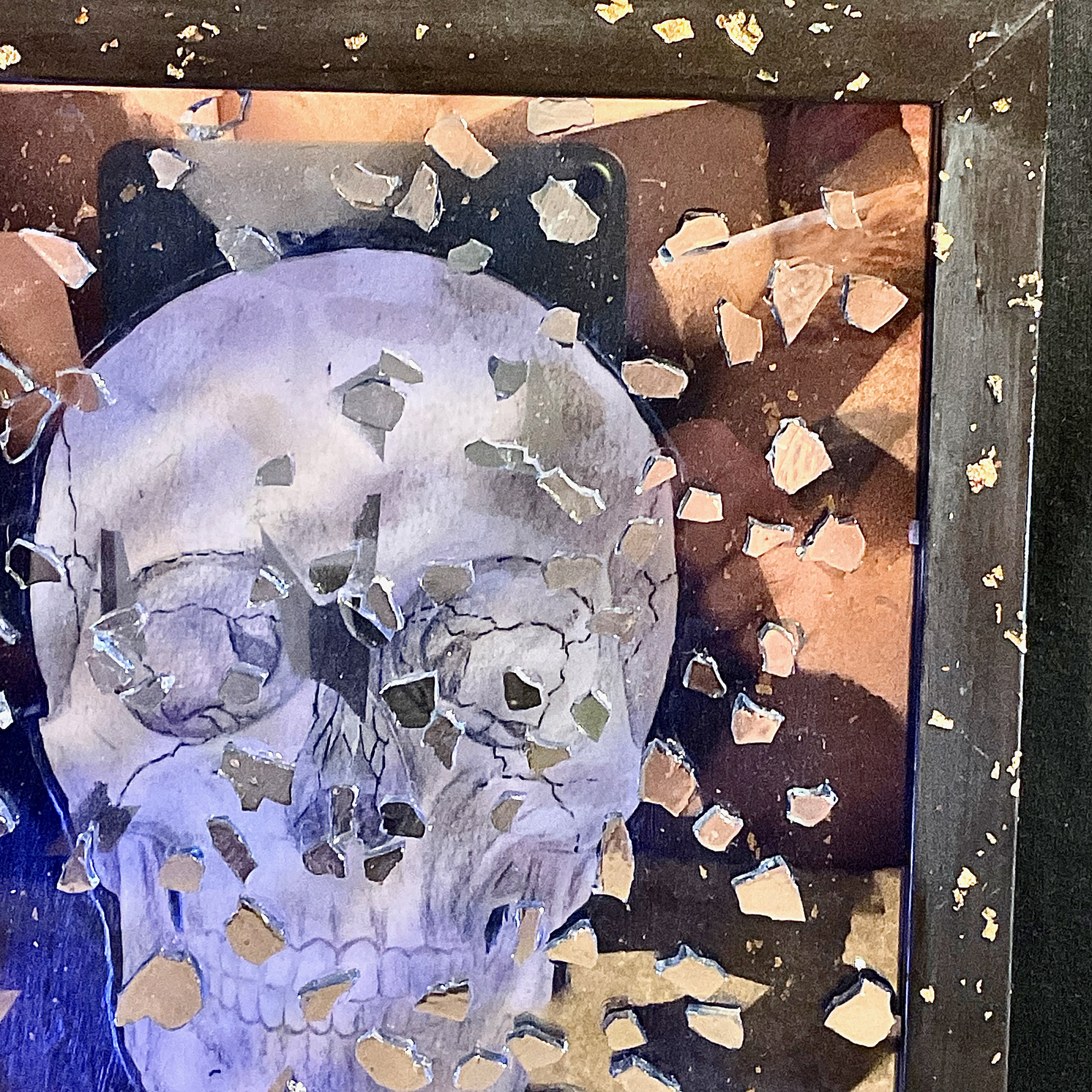 "Narcissus". Mixed media: colored pencil, spray paint, glass shards, gold leaf, and smooth stones, in 8x10" shadow box (2023)