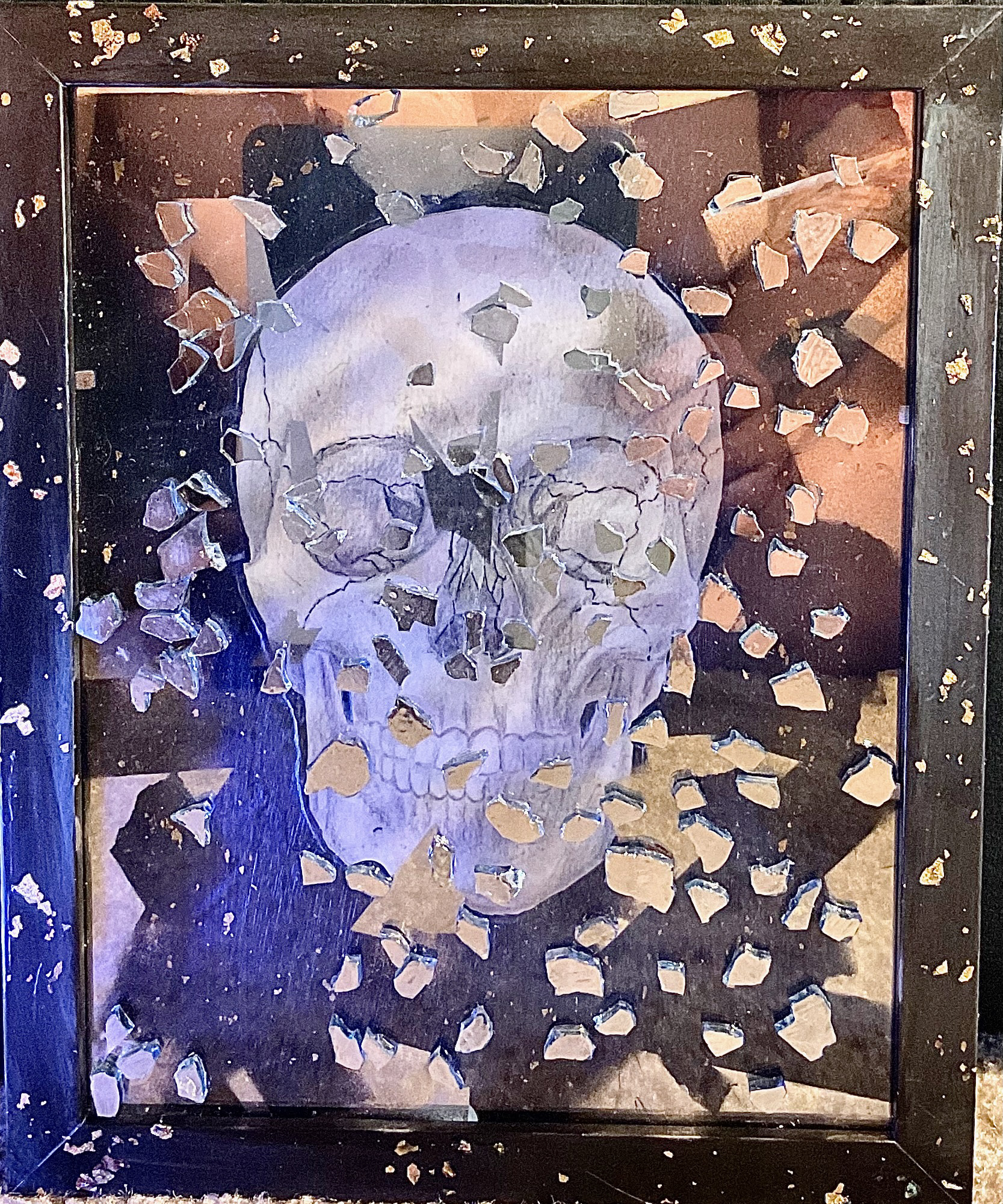 "Narcissus". Mixed media: colored pencil, spray paint, glass shards, gold leaf, and smooth stones, in 8x10" shadow box (2023)