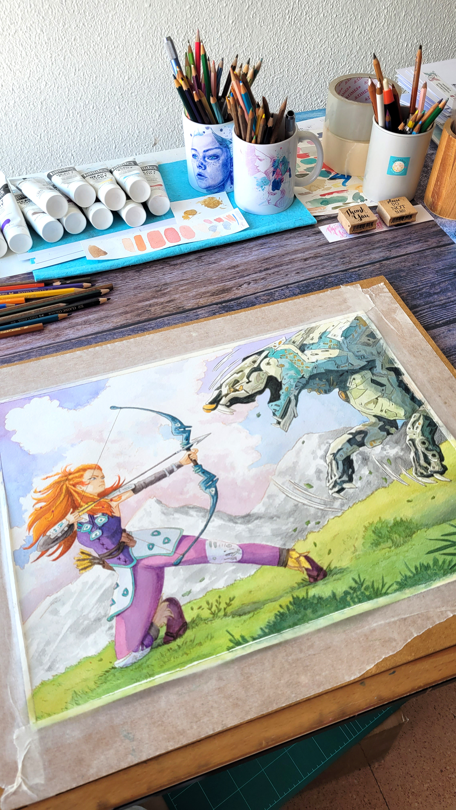 Watercolor on studio table