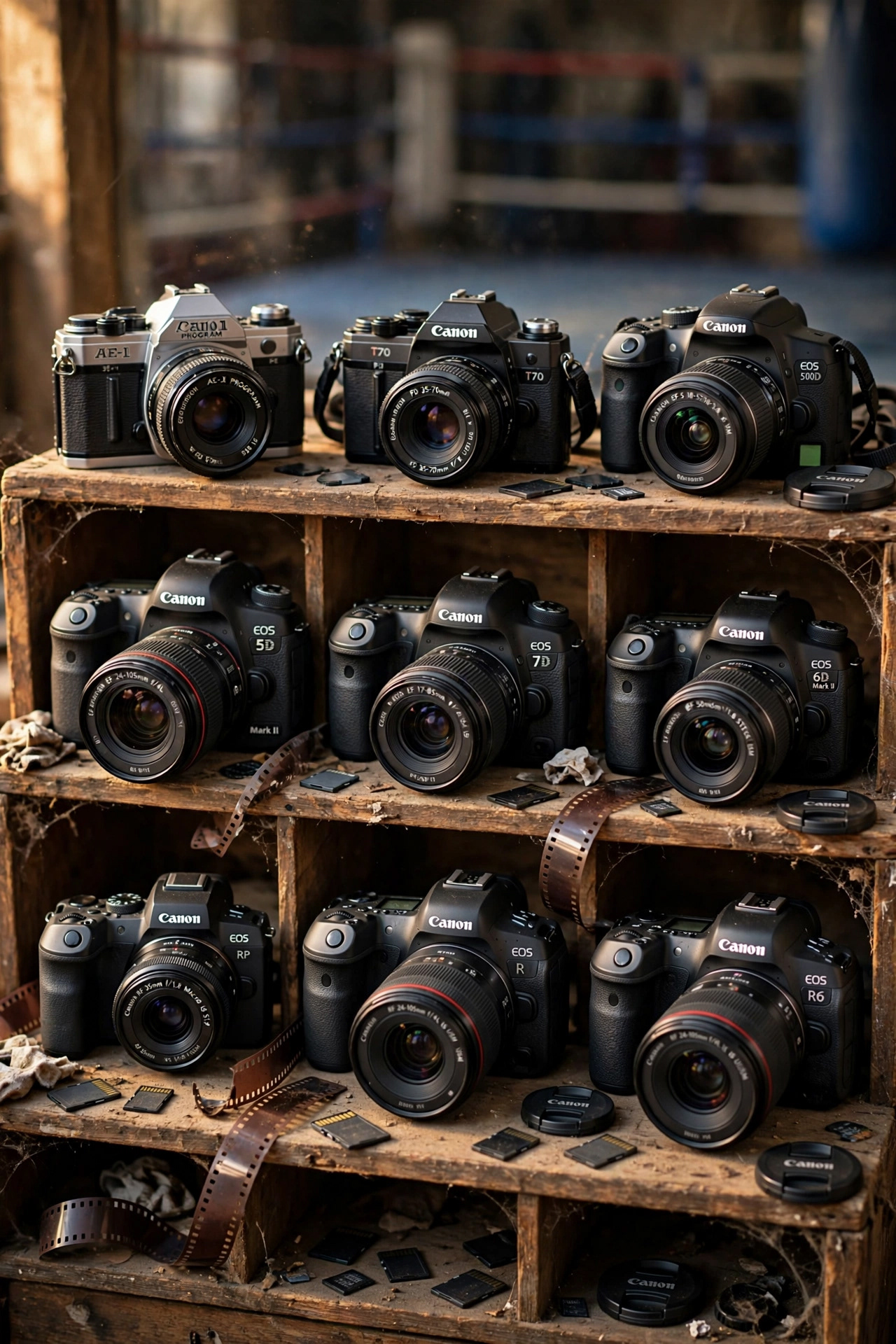Reihe von Canon-Kameras im Regal, von der analogen AE-1 mit Filmstreifen bis zur spiegellosen EOS R6, Sinnbild der fotografischen Entwicklung von Hans-Jürgen Abts, digitale Bildkomposition mit KI gestaltet 