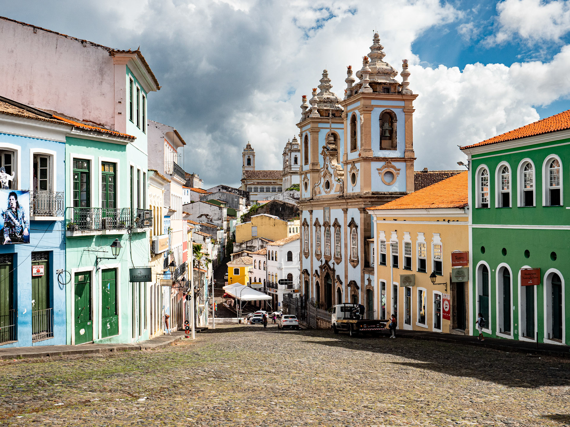 03.02.2025 Salvador de Bahia in Brazil. The square and street Ladeira do Pelourinho with the Church Igreja Nossa Senhora do Rosario dos Pretos
