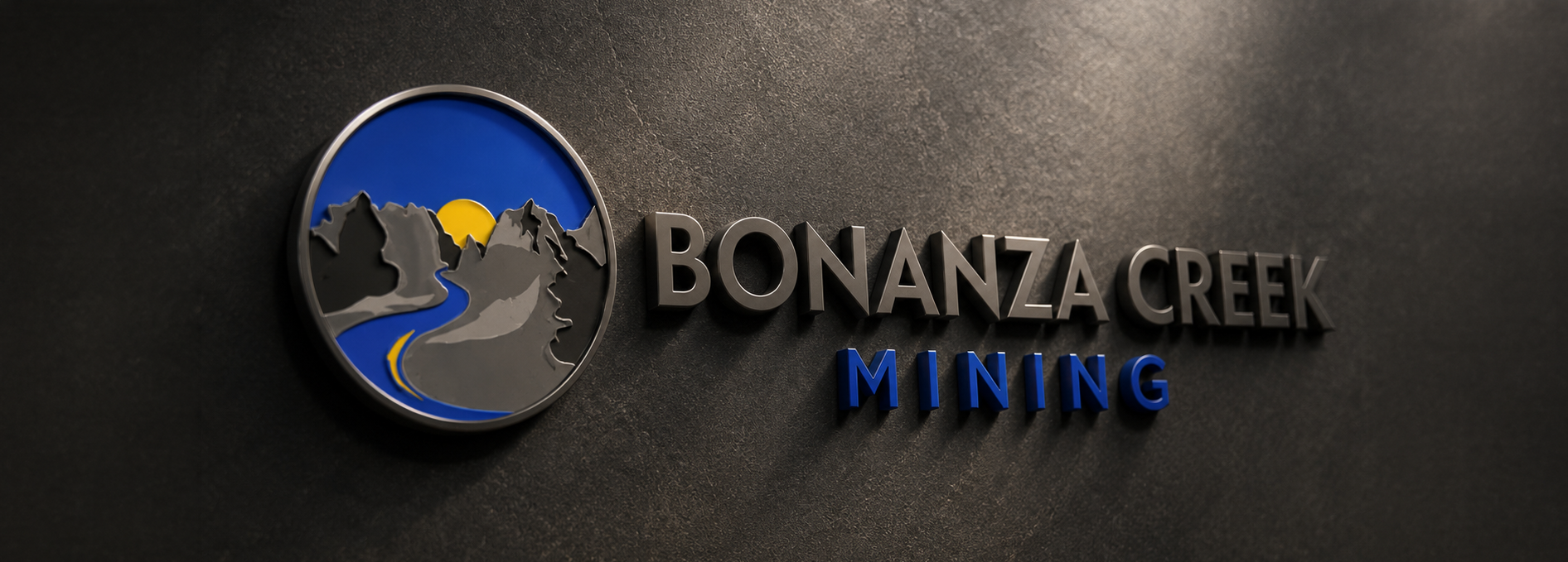 Close-up of the Bonanza Creek Mining logo rendered as dimensional metal signage.