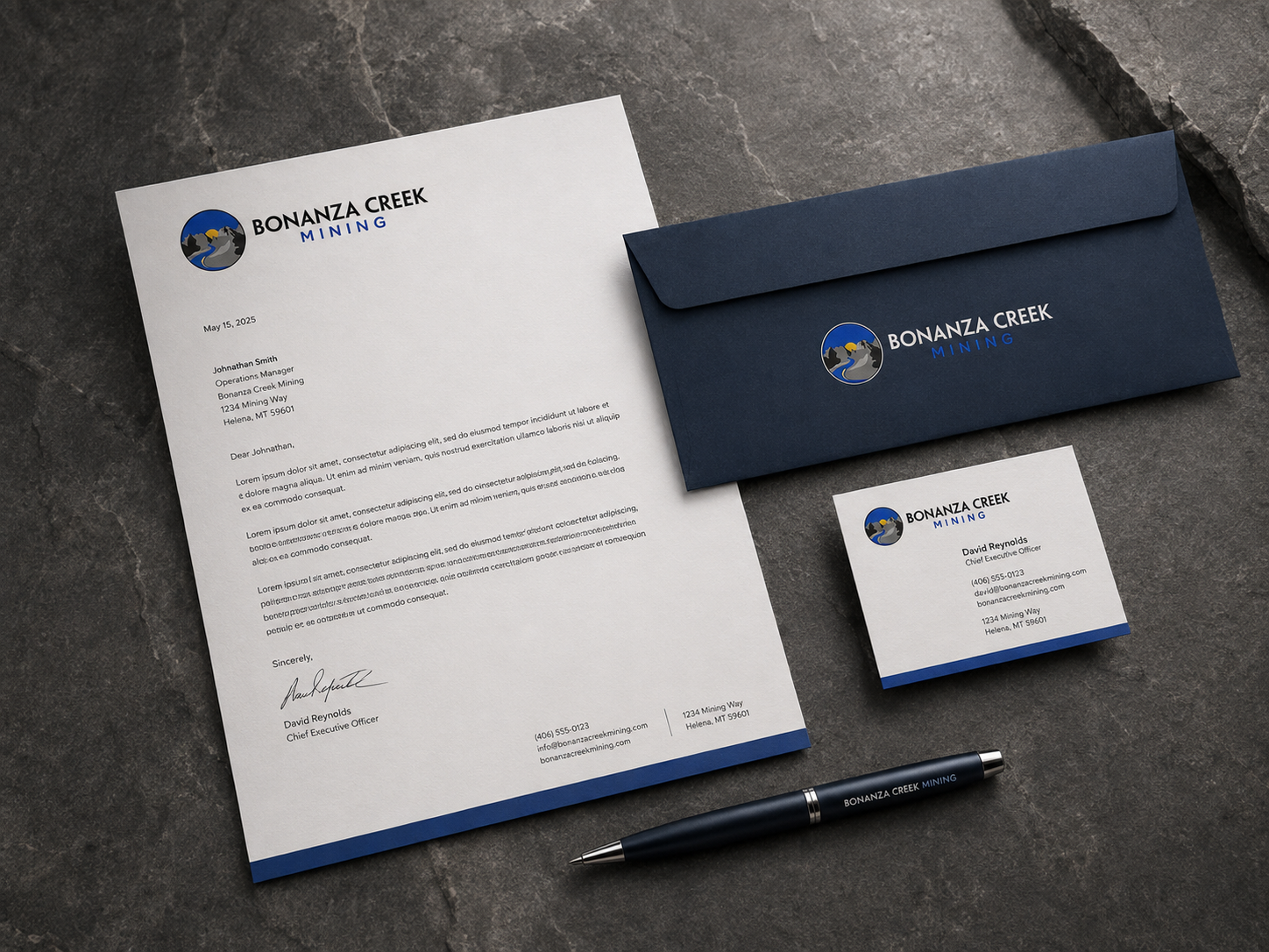 Bonanza Creek Mining corporate brochure and printed marketing materials featuring the new visual identity.Bonanza Creek Mining stationery system including letterhead, envelope, business card and branded pen.